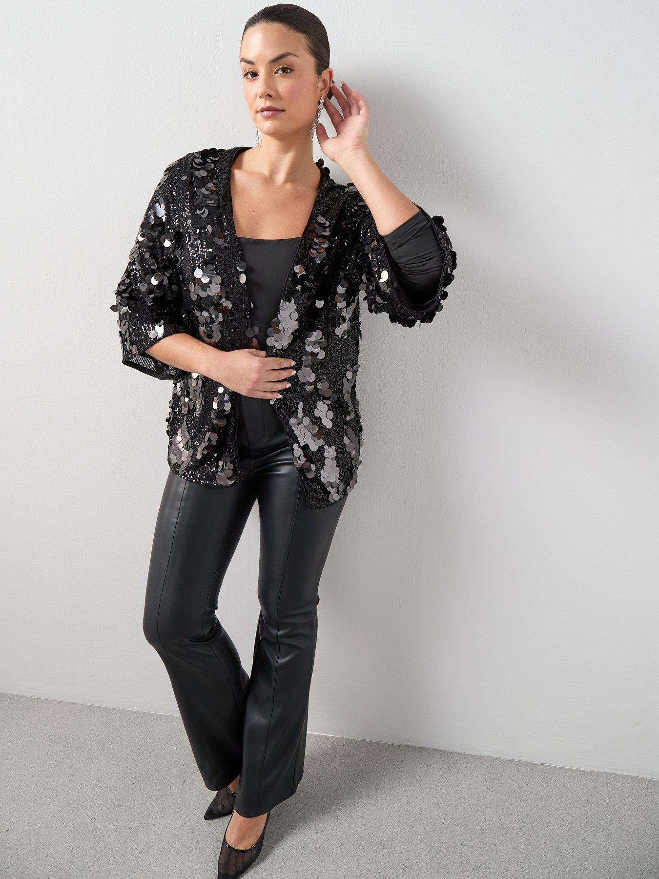Image 6 of 6 of The Very Collection Curve Sequin Kimono - Silver/Black