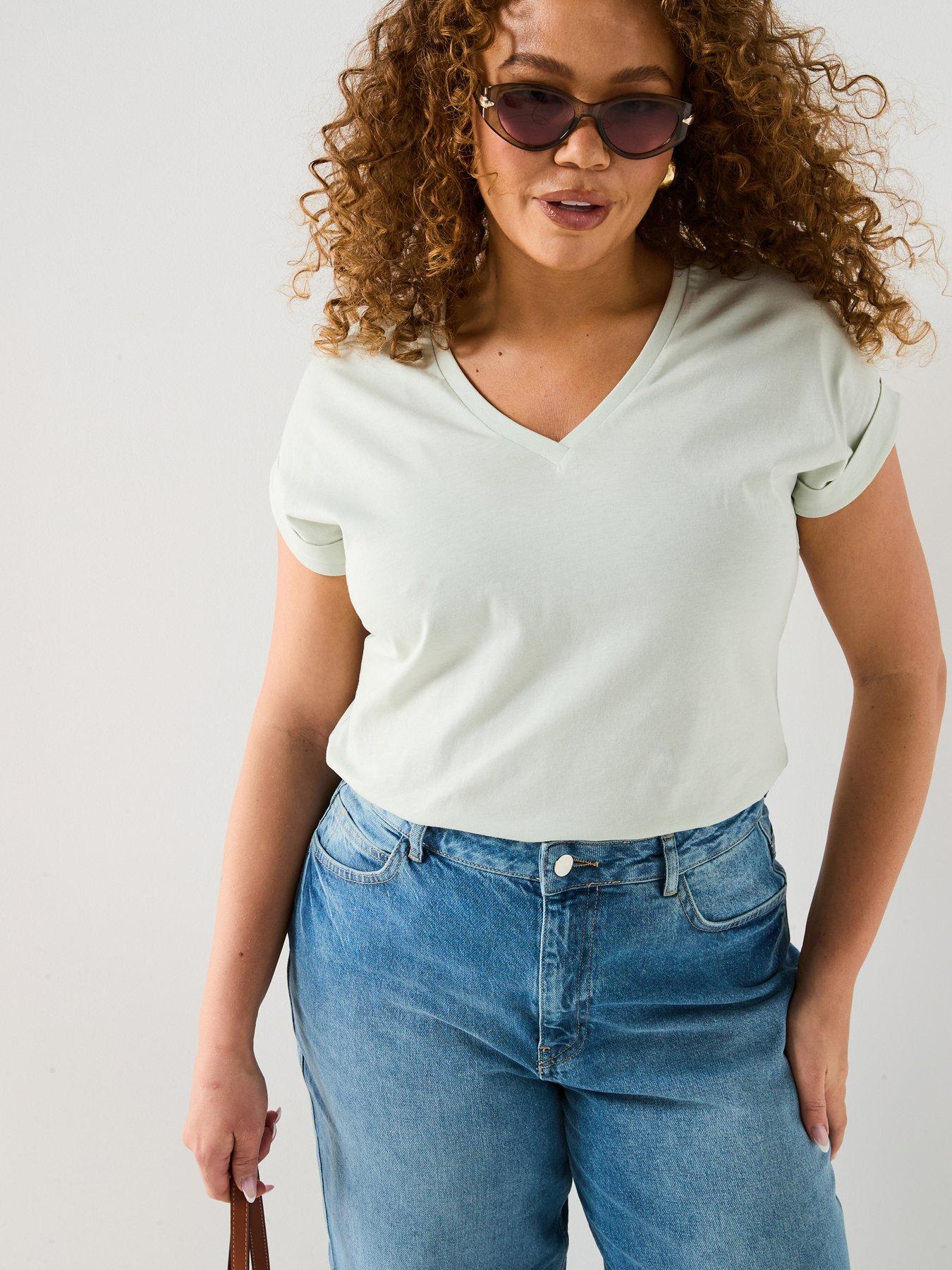 V by Very Curve V Neck Pocket T-Shirt - Green