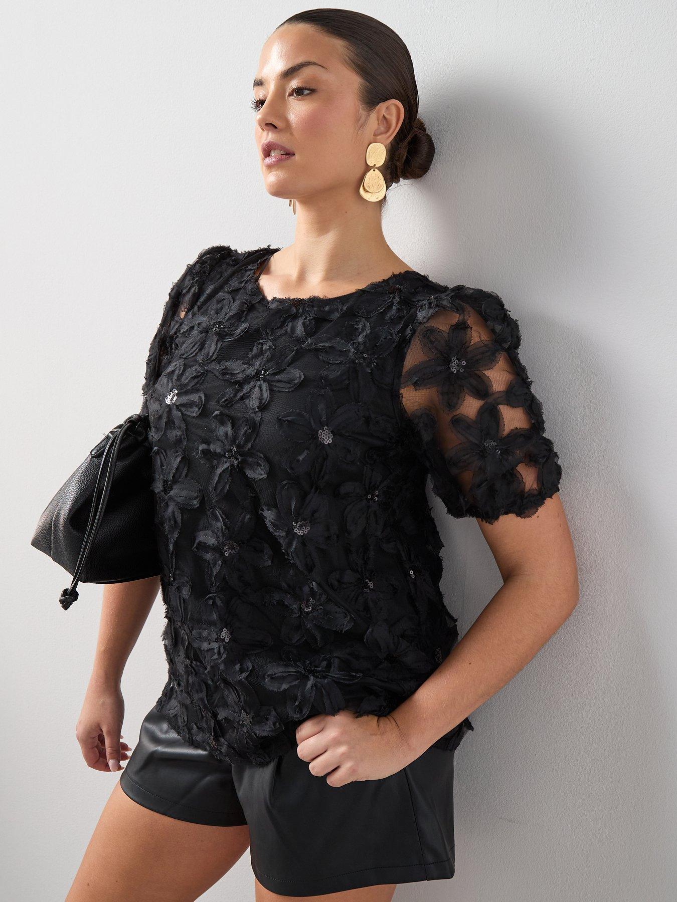 The Very Collection Curve Embellished Floral Bow Back Top - Black