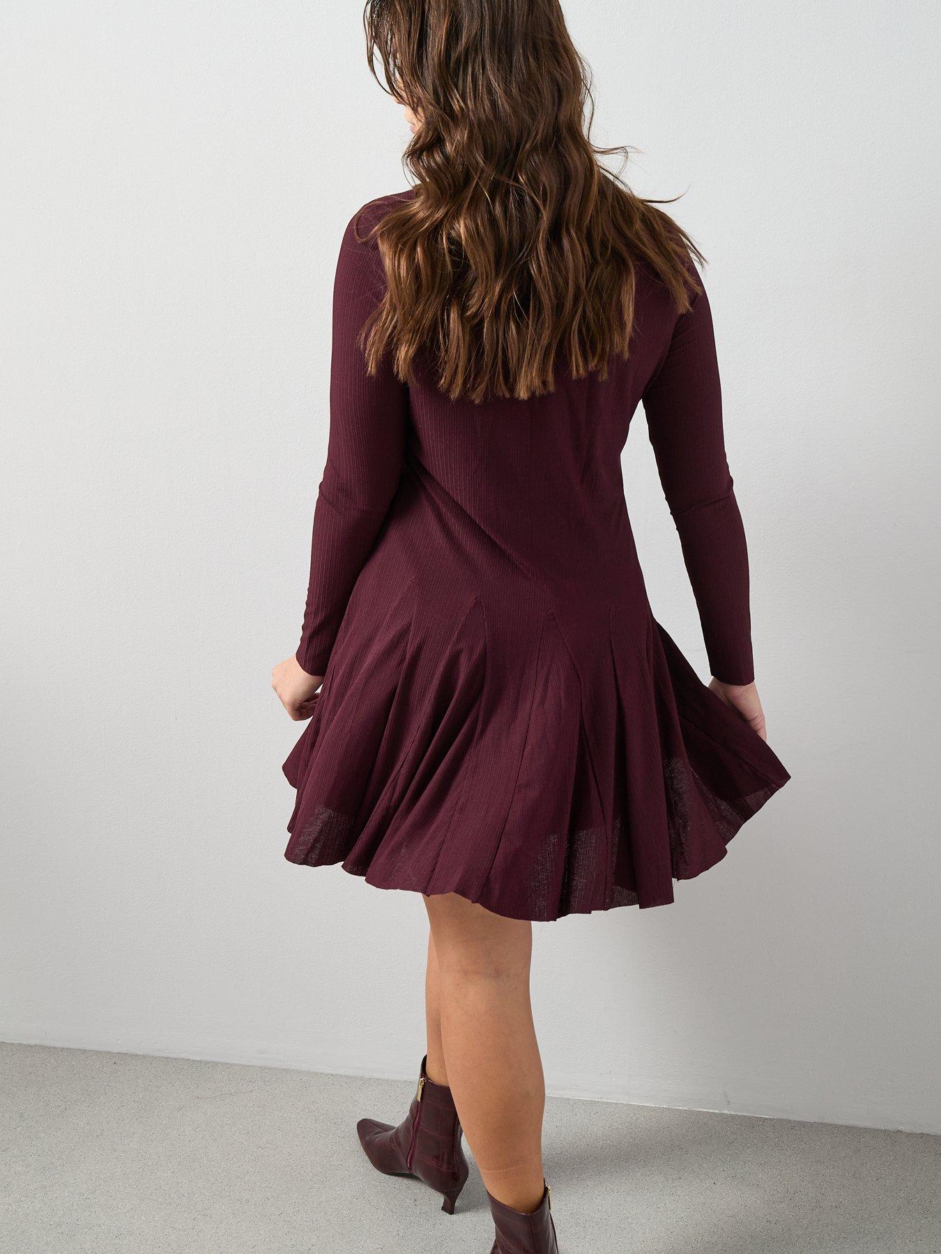 burgundy silk dress midi Rareism Women Avilya Maroon Wrap Neck Zipper Fit And Flare Maxi Plain