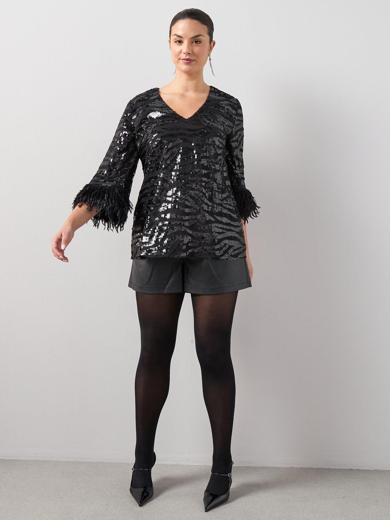 The Very Collection Curve Deep V A Line Sequin Tunic - Black