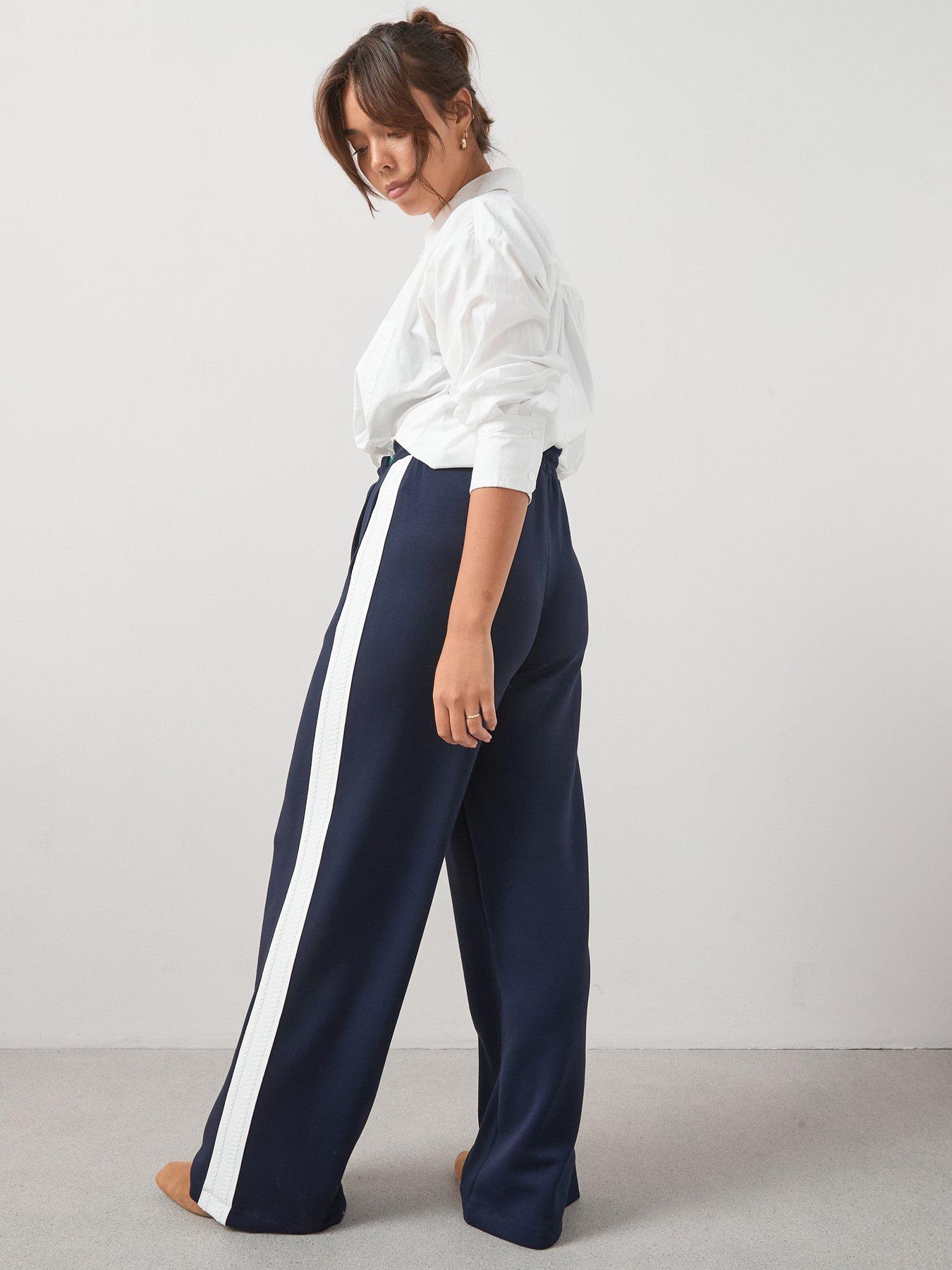 V by Very Curve Lace Trim Side Stripe Wide Leg Trouser - Navy