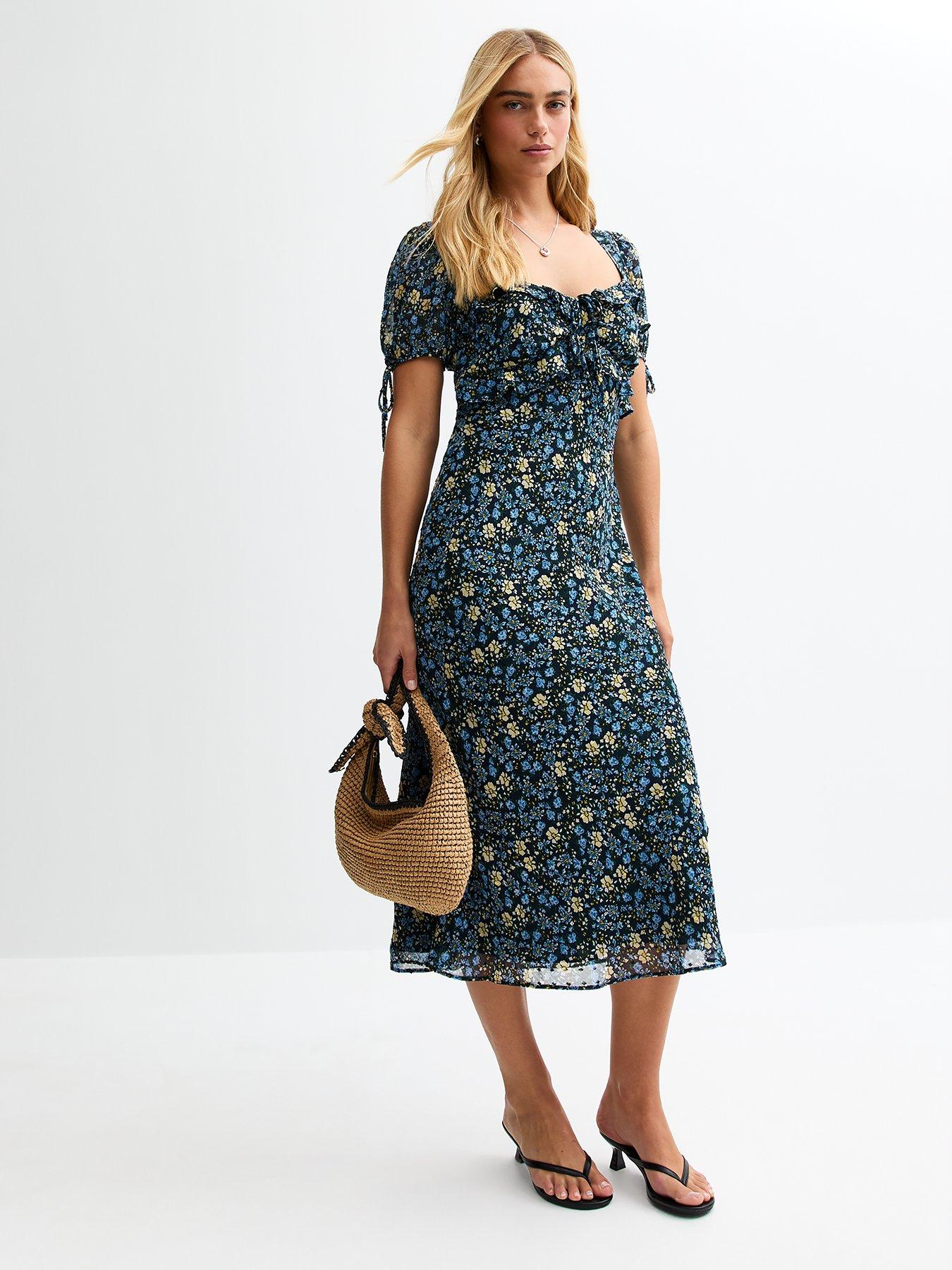 Image of New Look Floral Print Tie Sleeve Chiffon Midi Dress - Blue