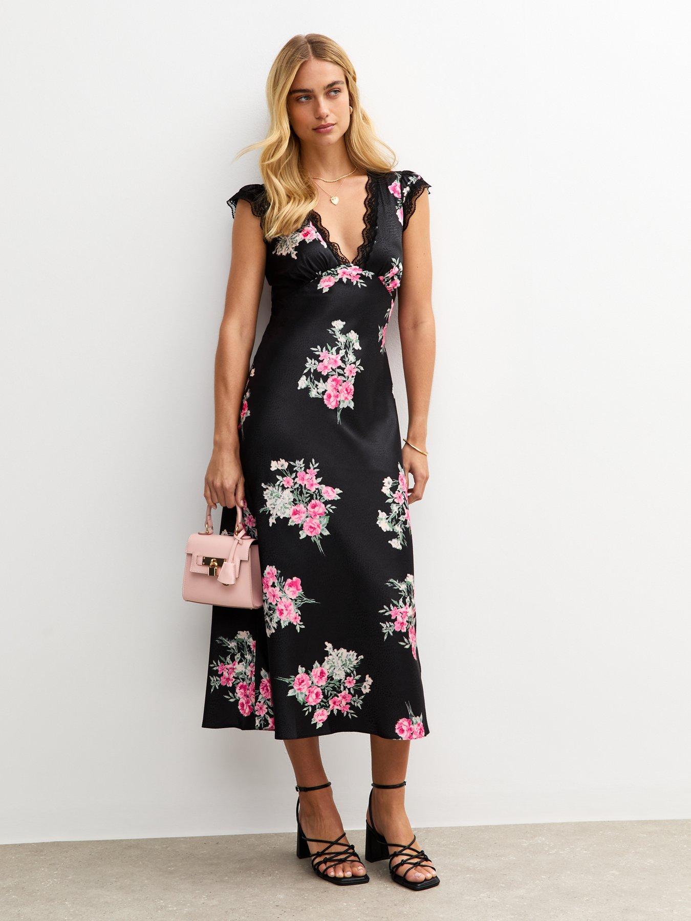 undefined Floral Print Lace Trimmed Satin Midi Dress - Black
