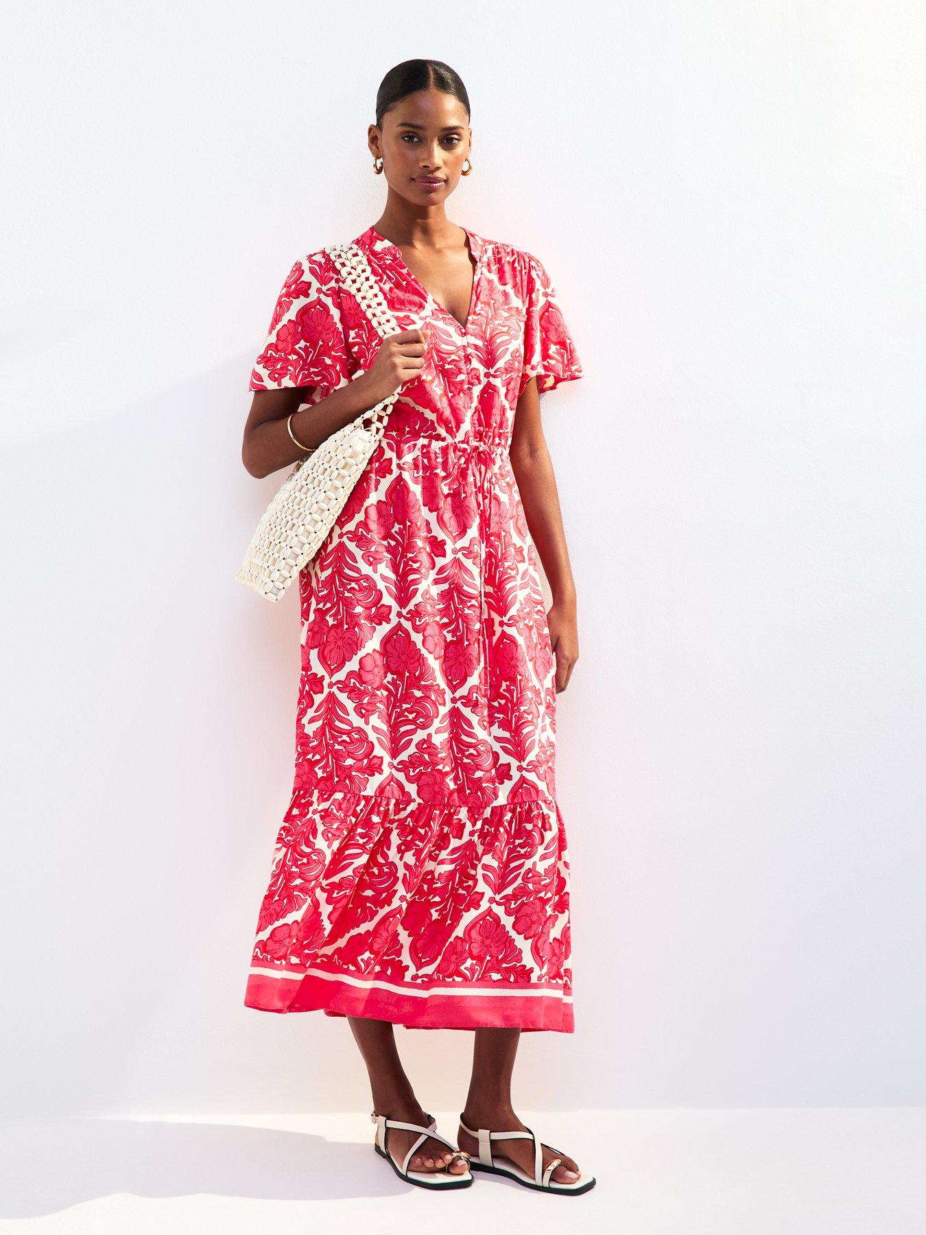 Image 1 of 6 of New Look Tile Print Drawstring Midi Shirt Dress - Pink