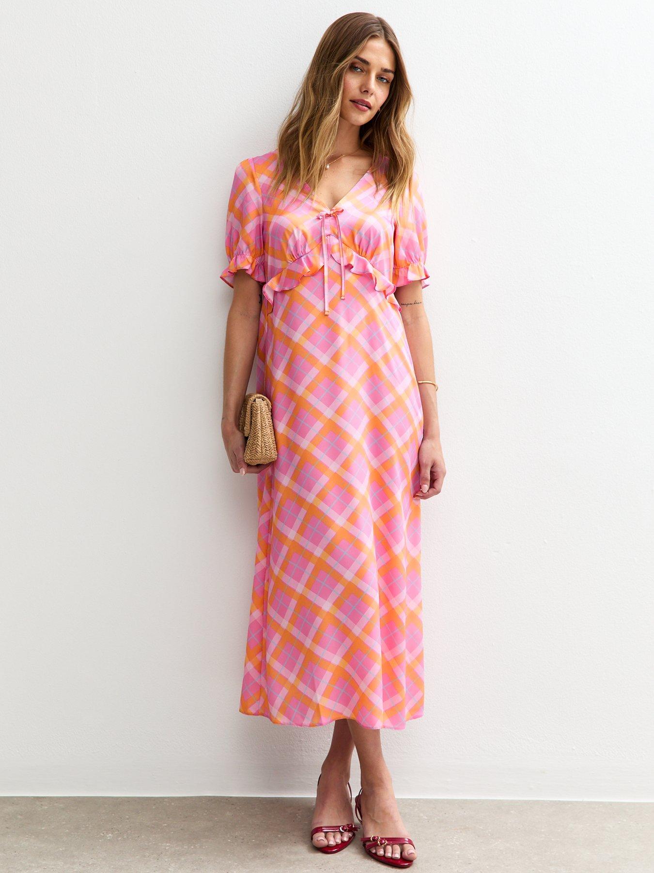 undefined Check Print Ruffle Front Satin Midi Dress - Pink