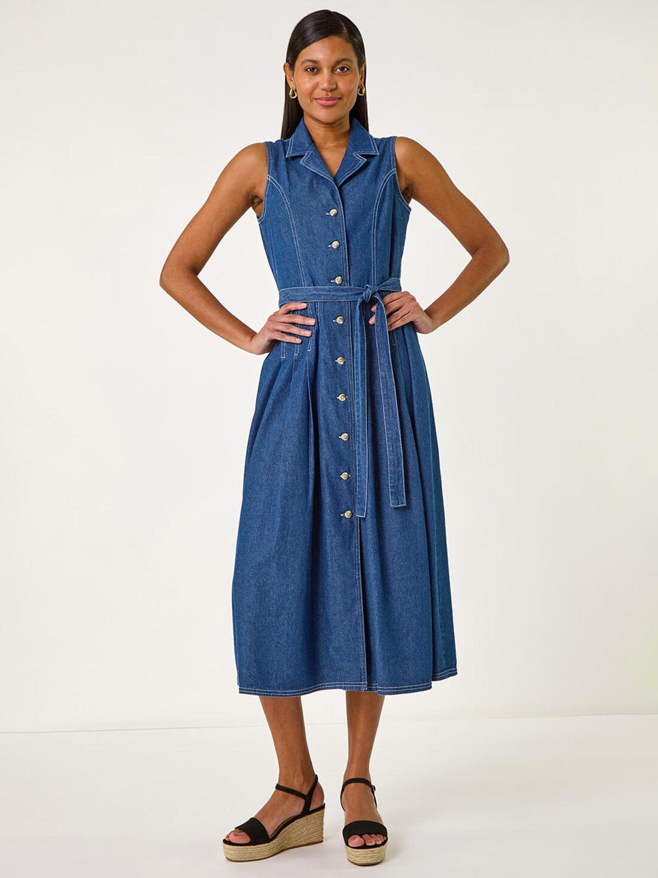 Roman Denim Button Through Midi Dress - Blue