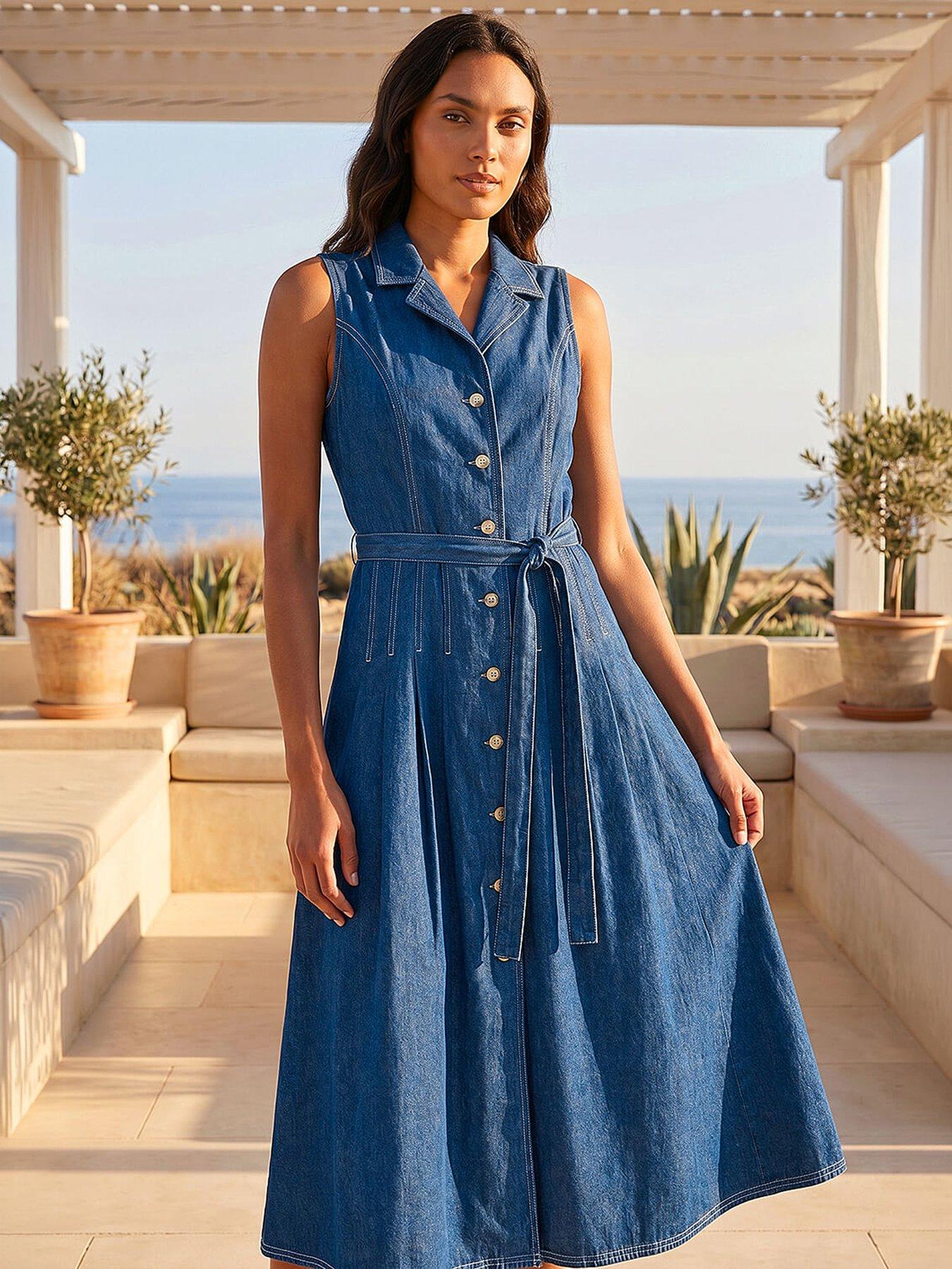 Roman Denim Button Through Midi Dress - Blue