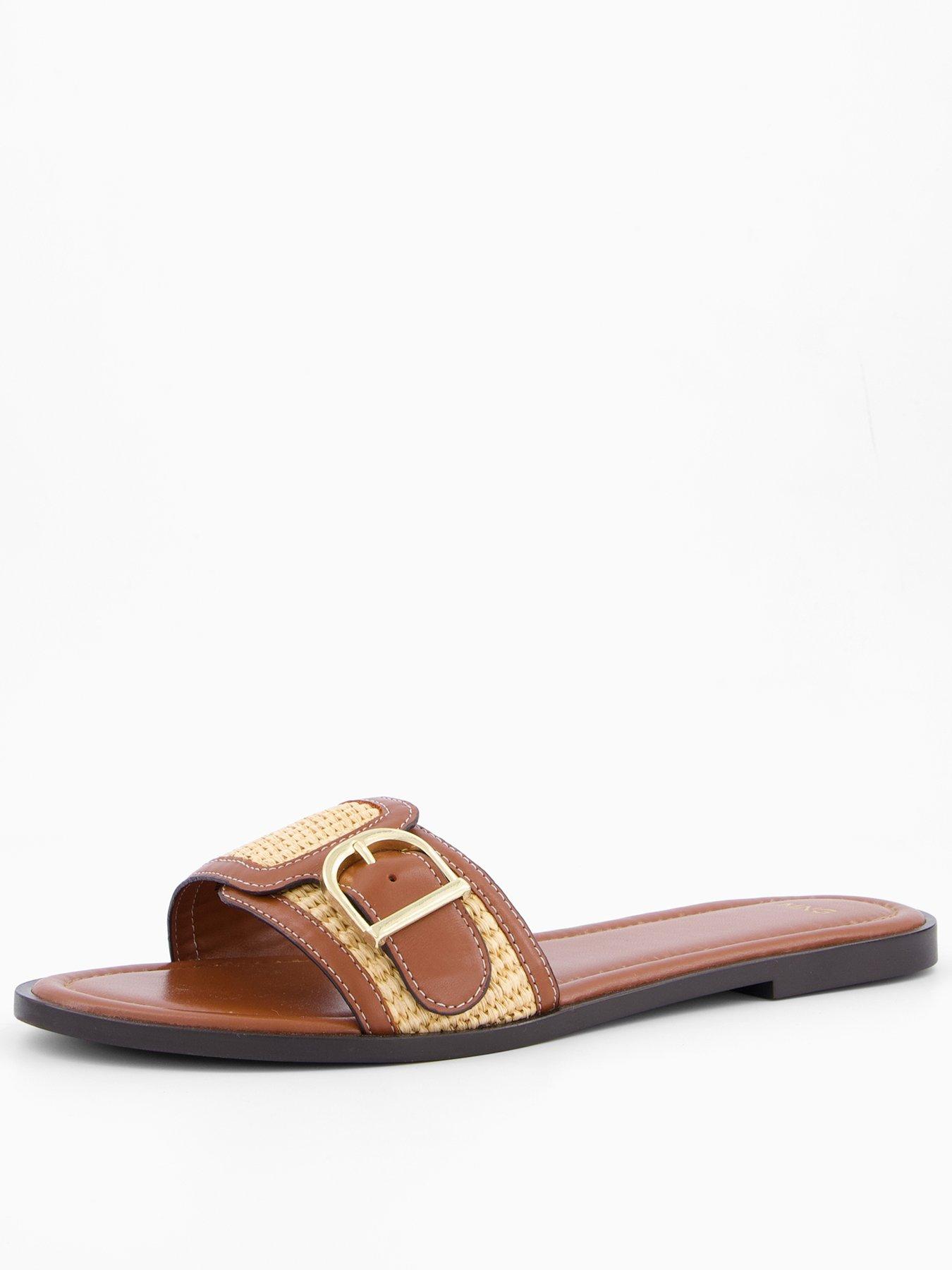 Image 1 of 6 of Mango Raffia Leather-Blend Sandals With Buckle - Brown