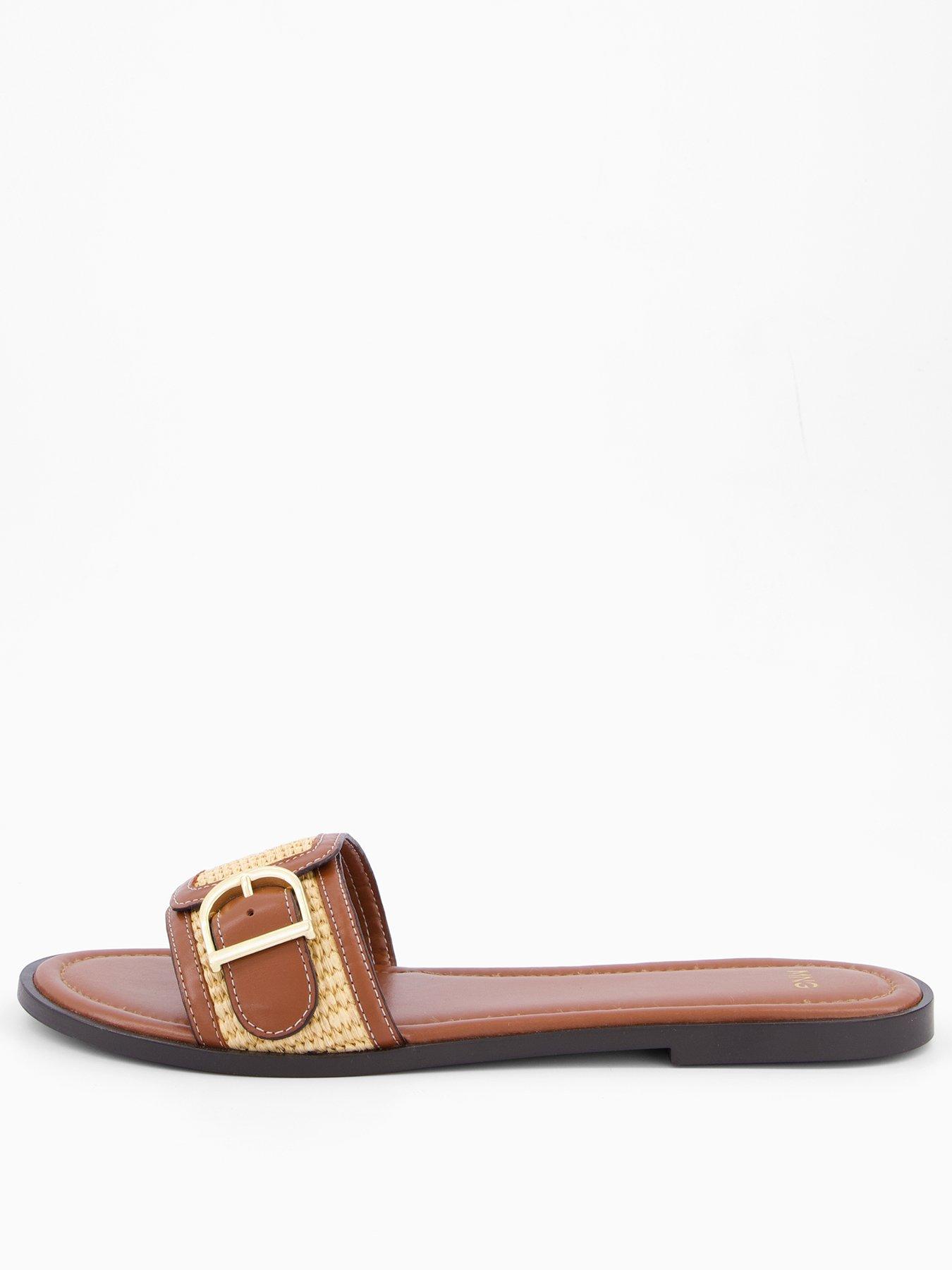 Image 2 of 6 of Mango Raffia Leather-Blend Sandals With Buckle - Brown
