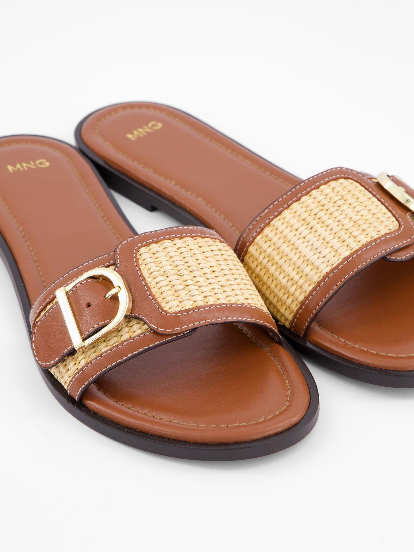 Image 4 of 6 of Mango Raffia Leather-Blend Sandals With Buckle - Brown