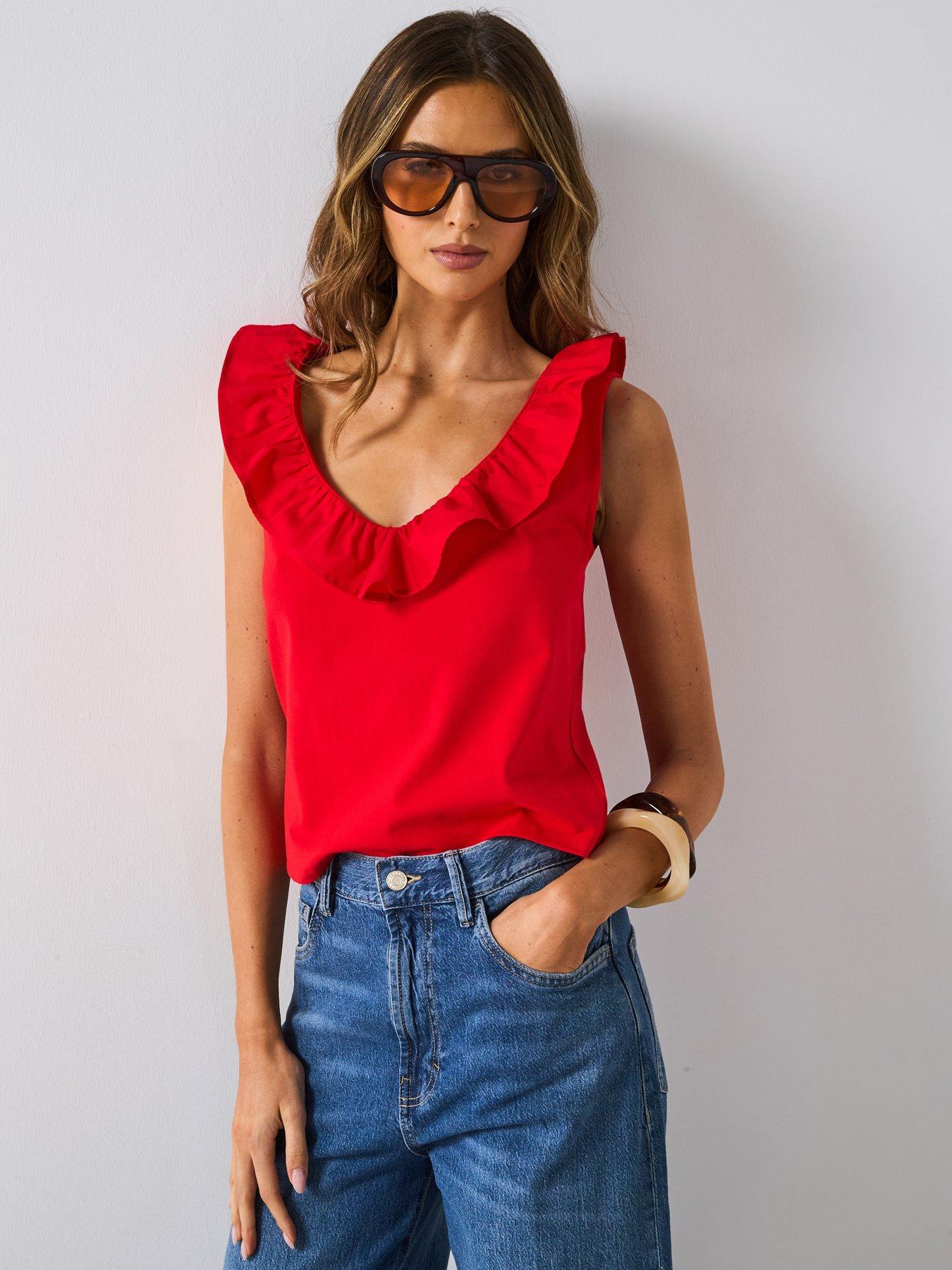 Image 5 of 6 of Mango Cotton Top With Ruffles - Red