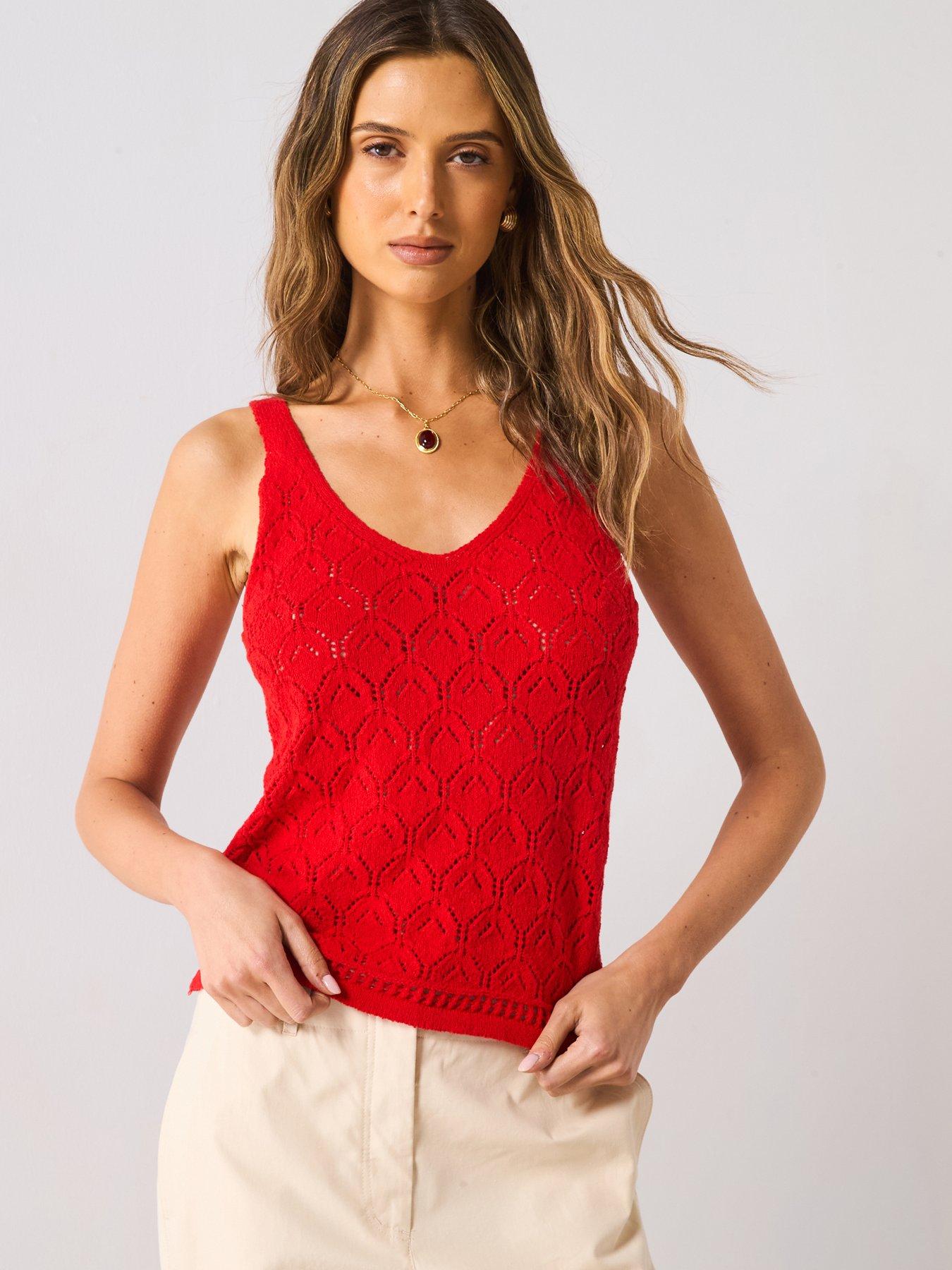 Mango Openwork Details Knit Top - Red