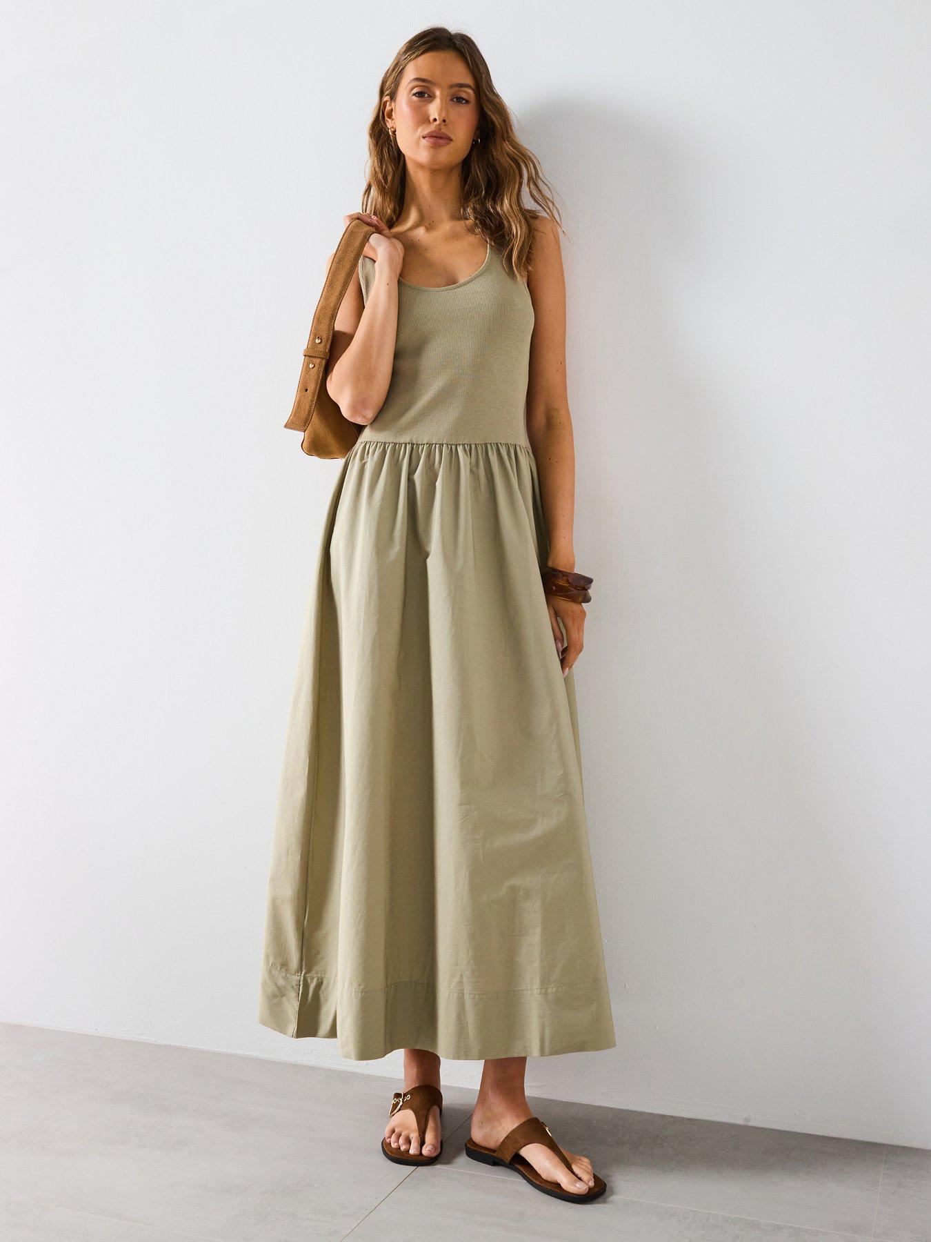 mango-flared-dress-in-combined-fabric-khakifront
