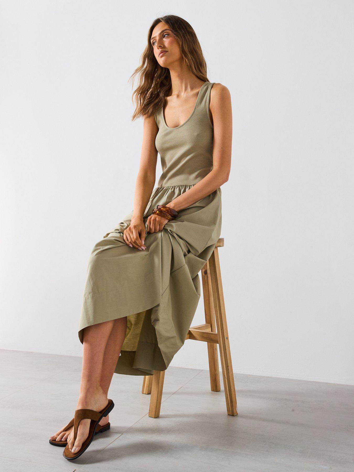 mango-flared-dress-in-combined-fabric-khakioutfit