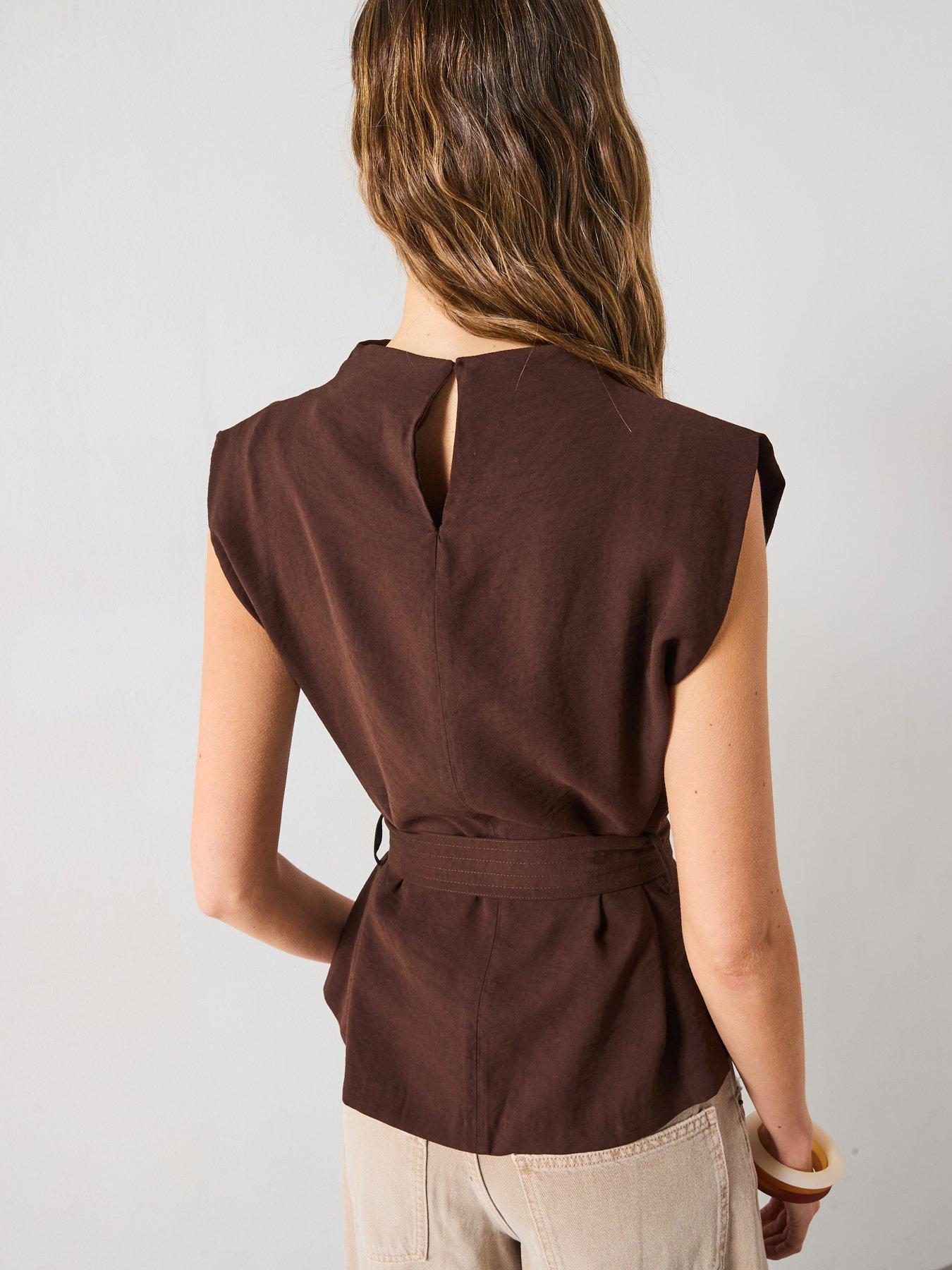 mango-draped-neck-blouse-with-belt-brownstillFront