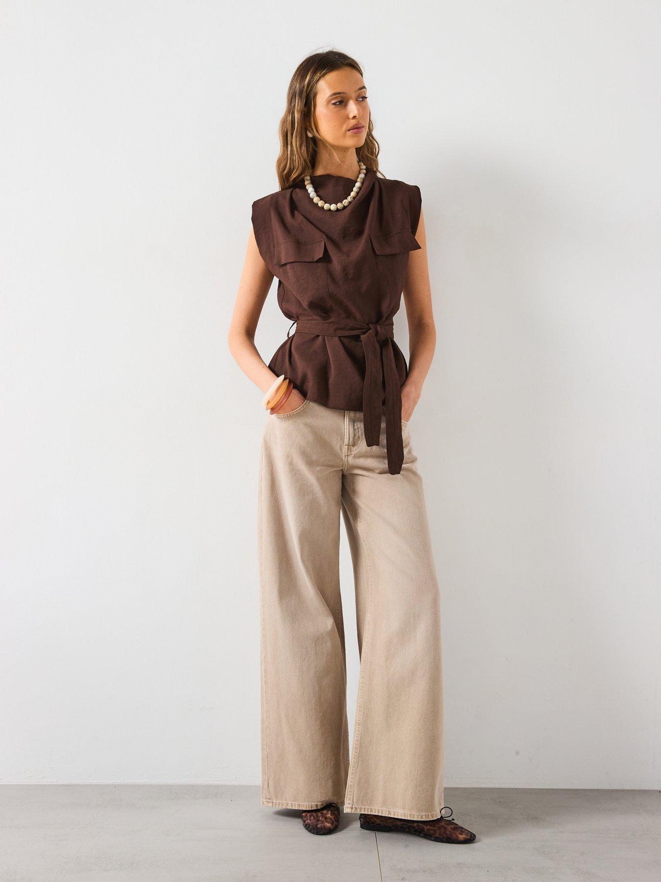 mango-draped-neck-blouse-with-belt-brownback