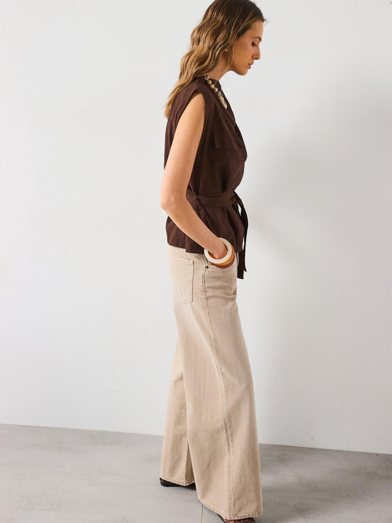 mango-draped-neck-blouse-with-belt-brownoutfit