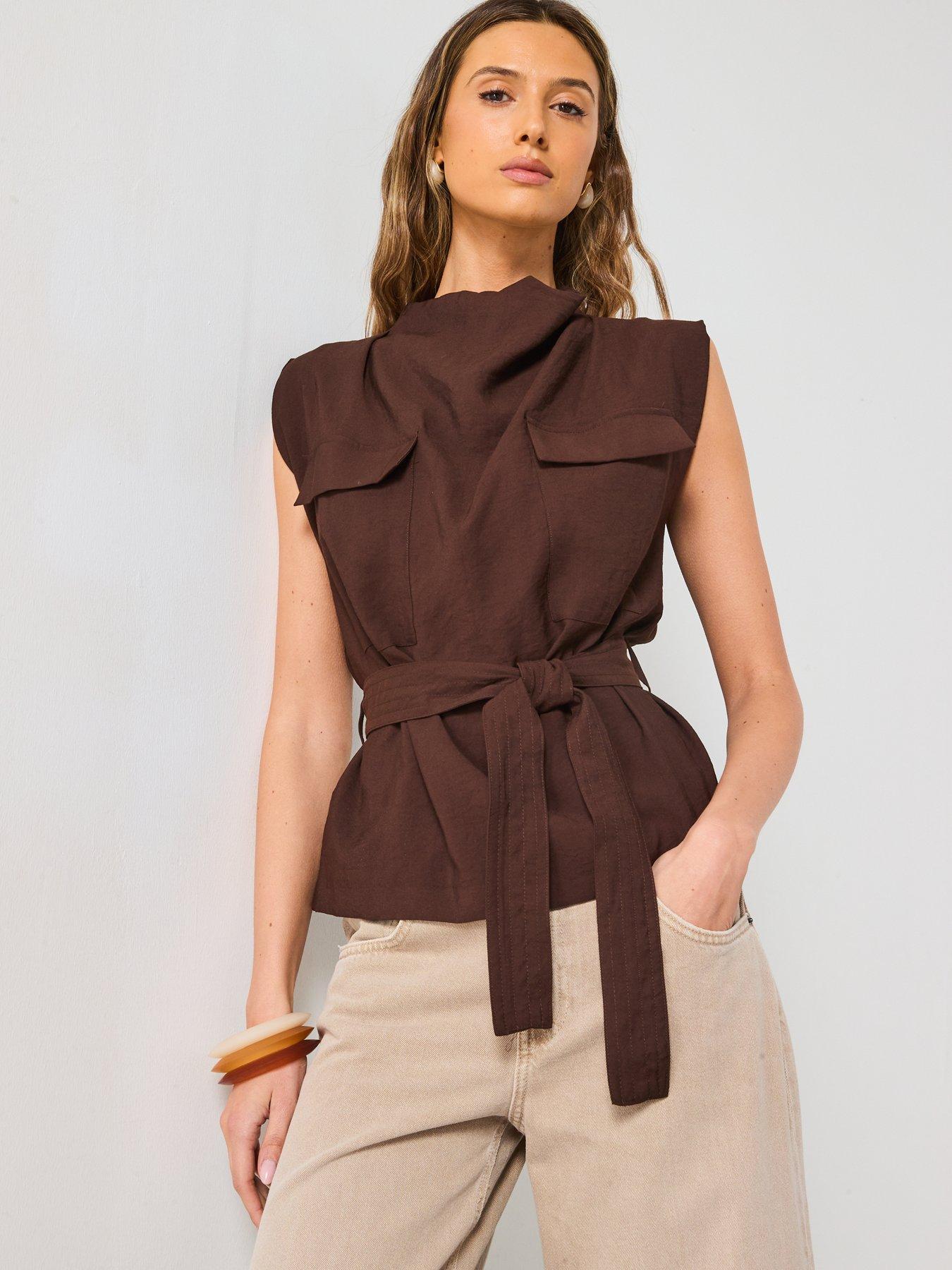 mango-draped-neck-blouse-with-belt-browndetail