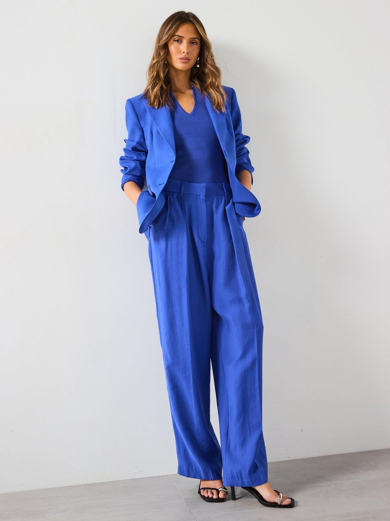 Image 3 of 6 of Mango Pleated Wide Leg Suit Trousers - Blue