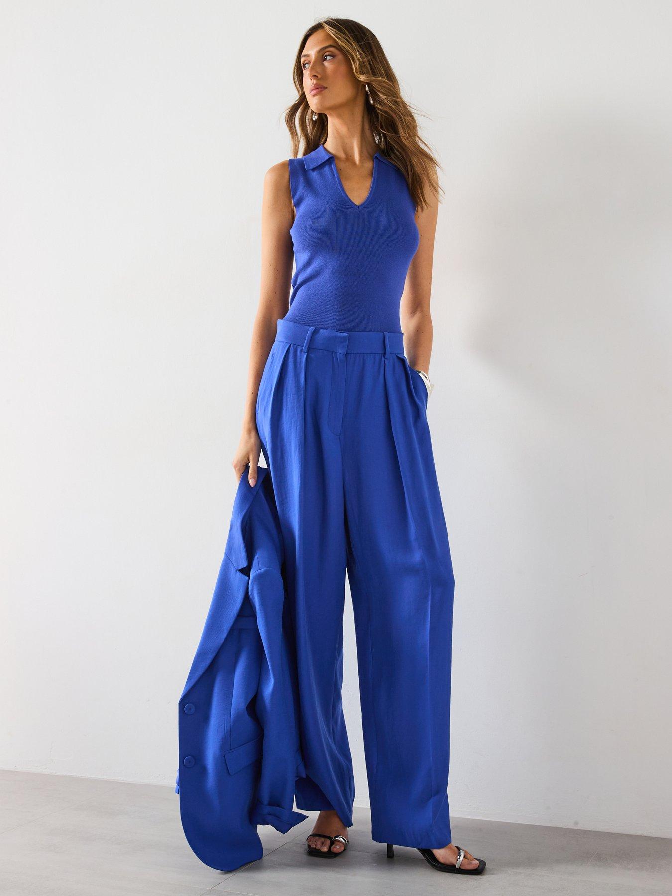 Image 6 of 6 of Mango Pleated Wide Leg Suit Trousers - Blue