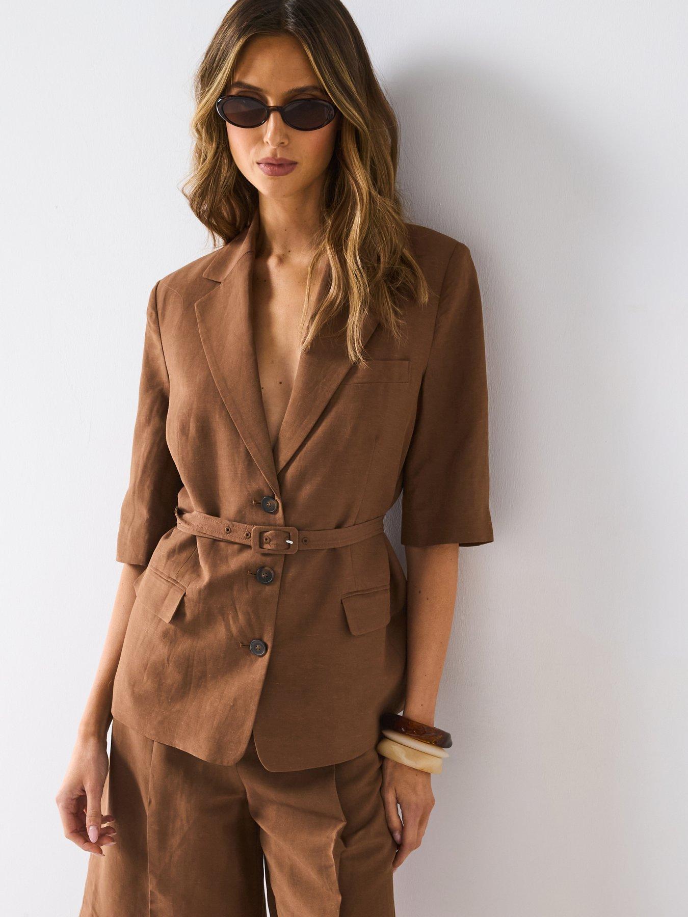 Image 1 of 6 of Mango Linen Blend Suit Blazer With Belt - Brown