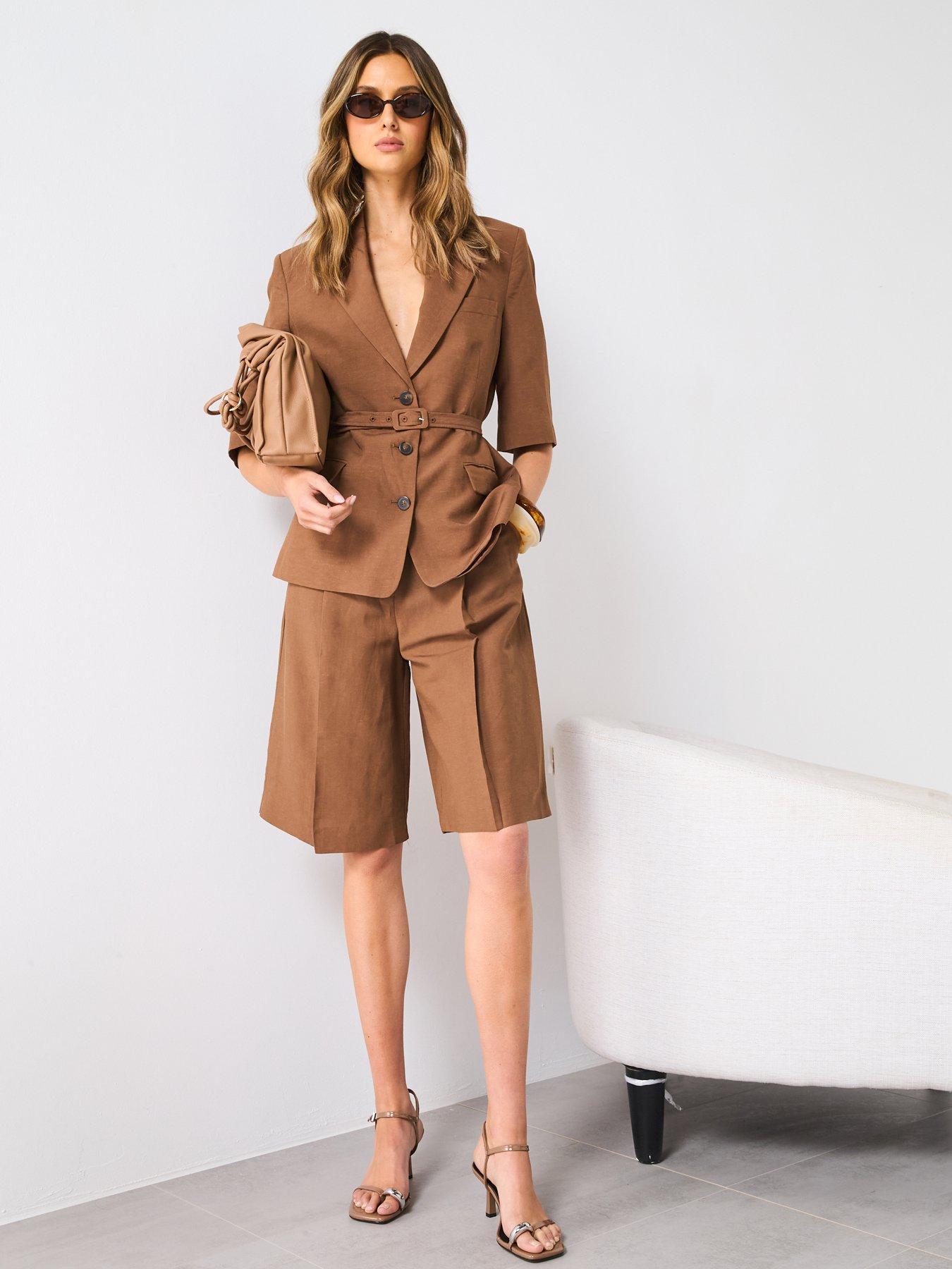 Image 3 of 6 of Mango Linen Blend Suit Blazer With Belt - Brown