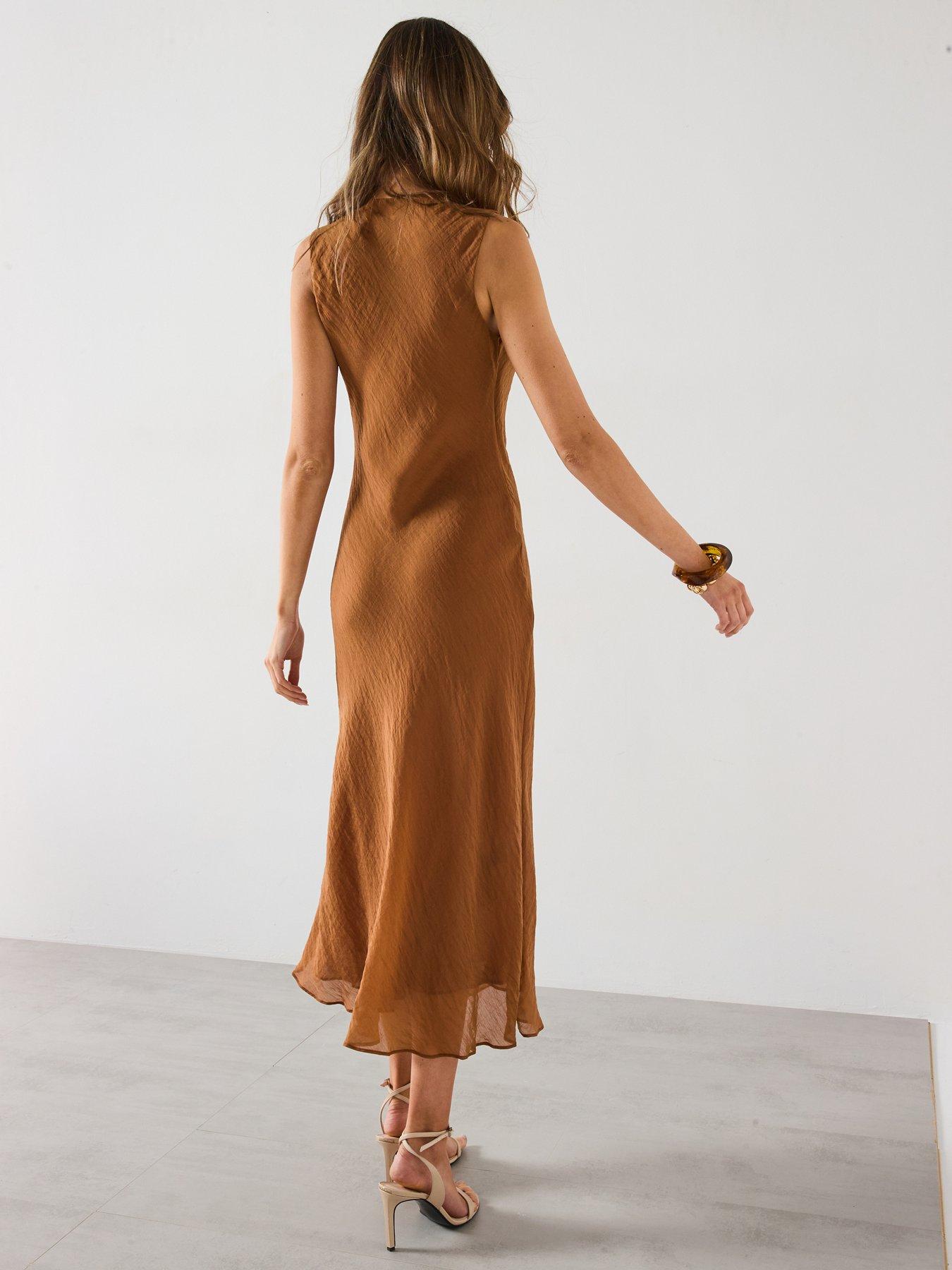 Image 2 of 6 of Mango Draped Neck Lyocell Dress - Brown