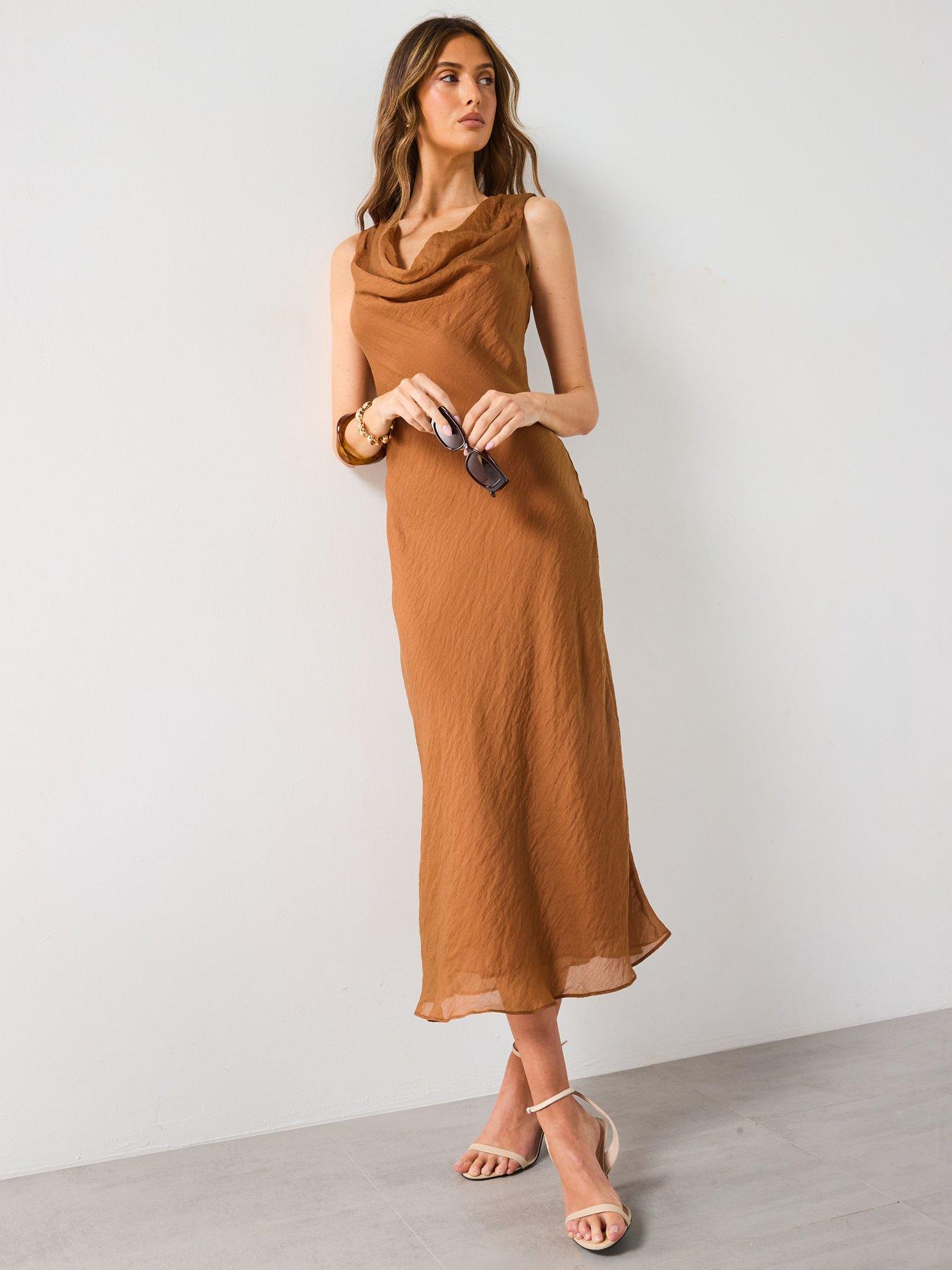 Image 3 of 6 of Mango Draped Neck Lyocell Dress - Brown