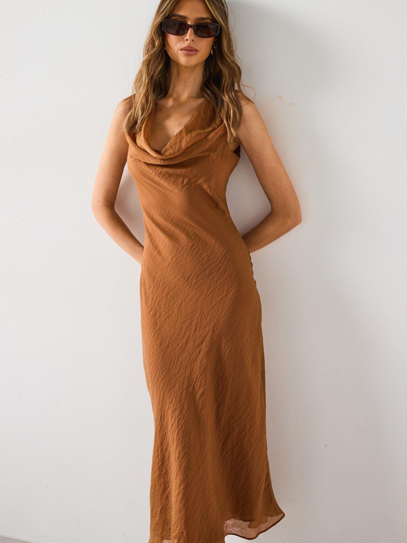 Image 4 of 6 of Mango Draped Neck Lyocell Dress - Brown