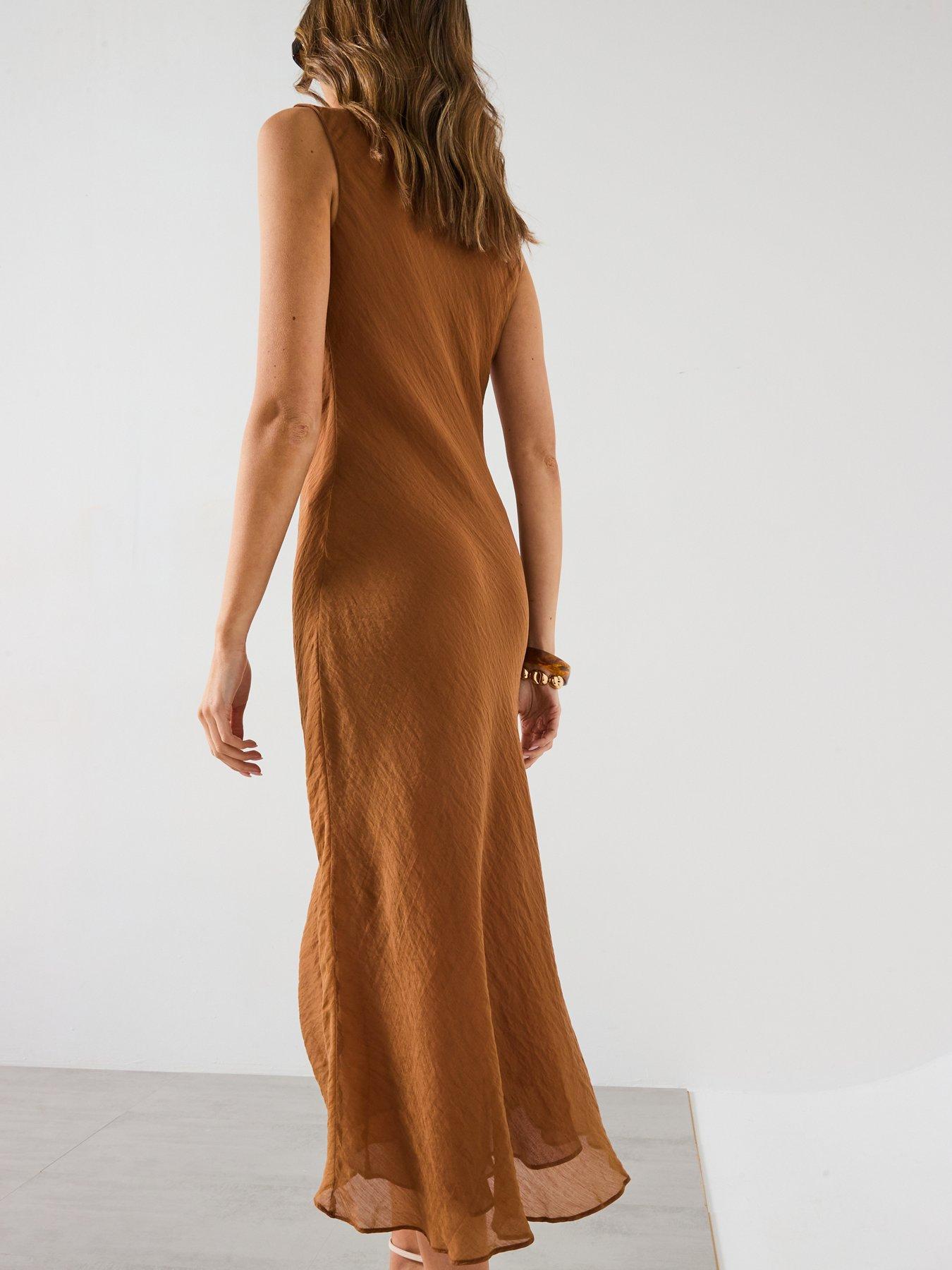 Image 6 of 6 of Mango Draped Neck Lyocell Dress - Brown