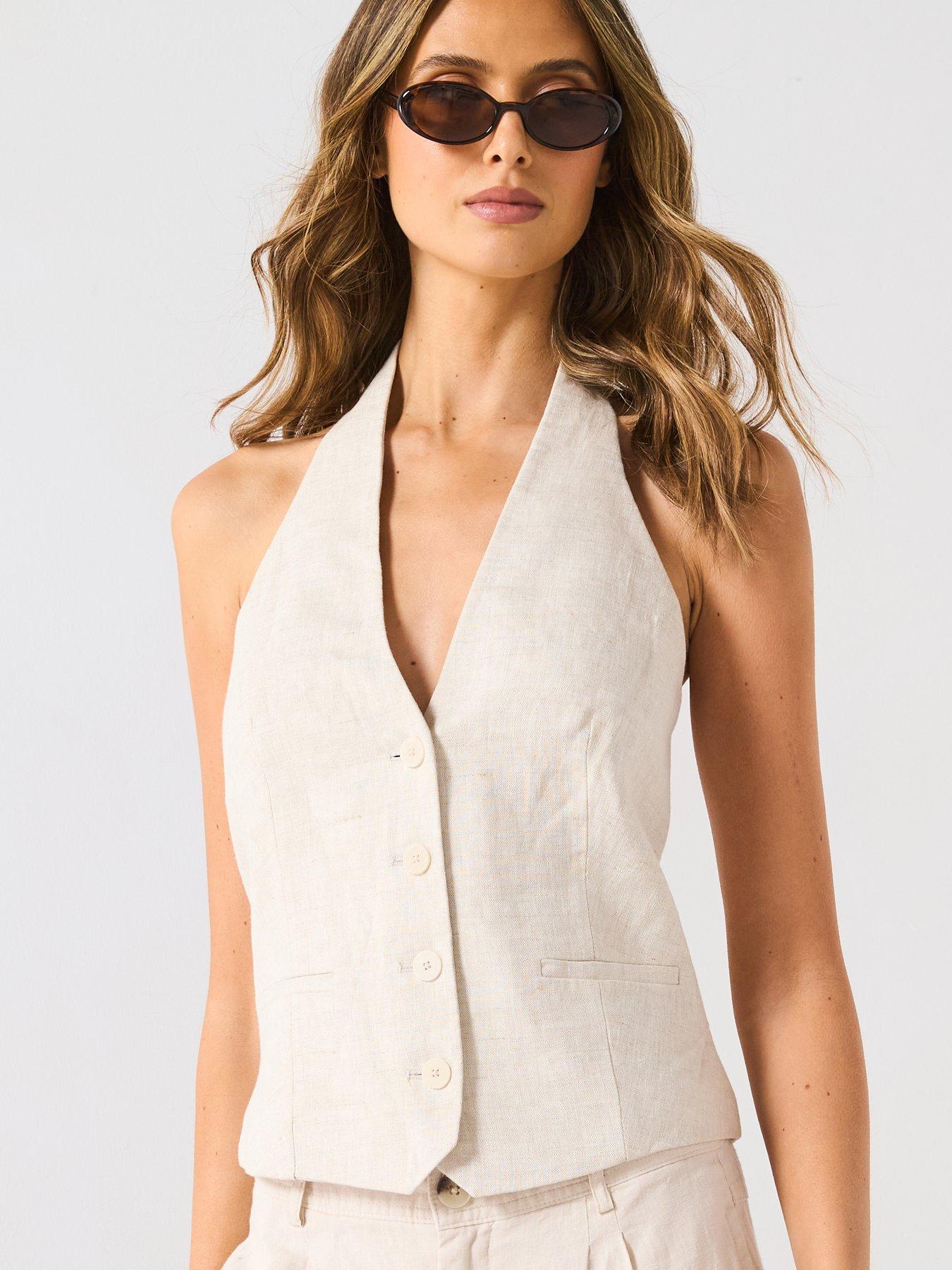 Image 4 of 6 of Mango Linen Suit Waistcoat - Brown