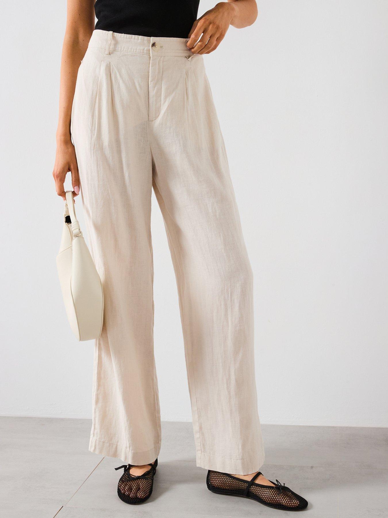 Image 1 of 6 of Mango Linen Trousers With Tortoiseshell Button - Pastel