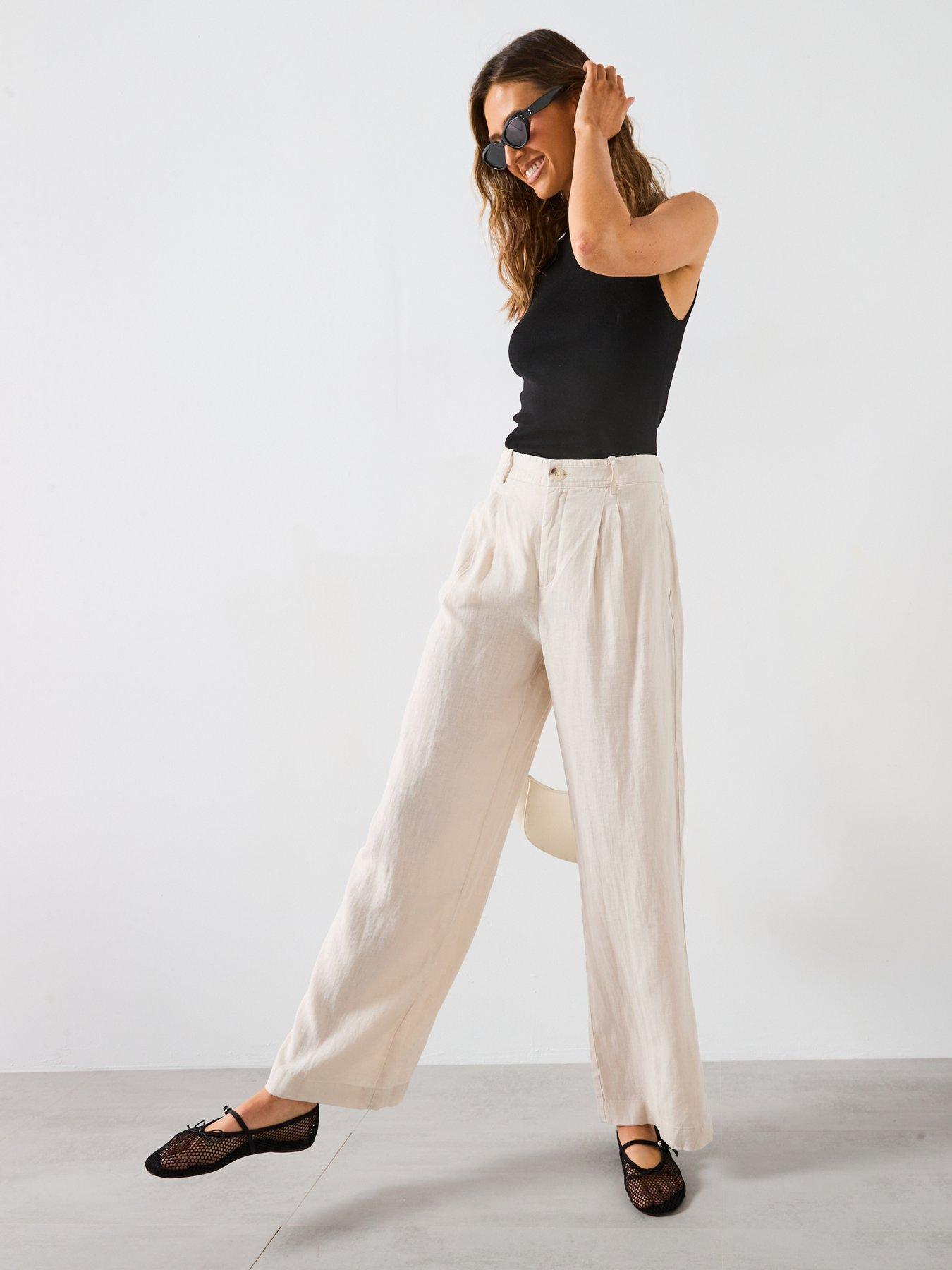 Image 3 of 6 of Mango Linen Trousers With Tortoiseshell Button - Pastel