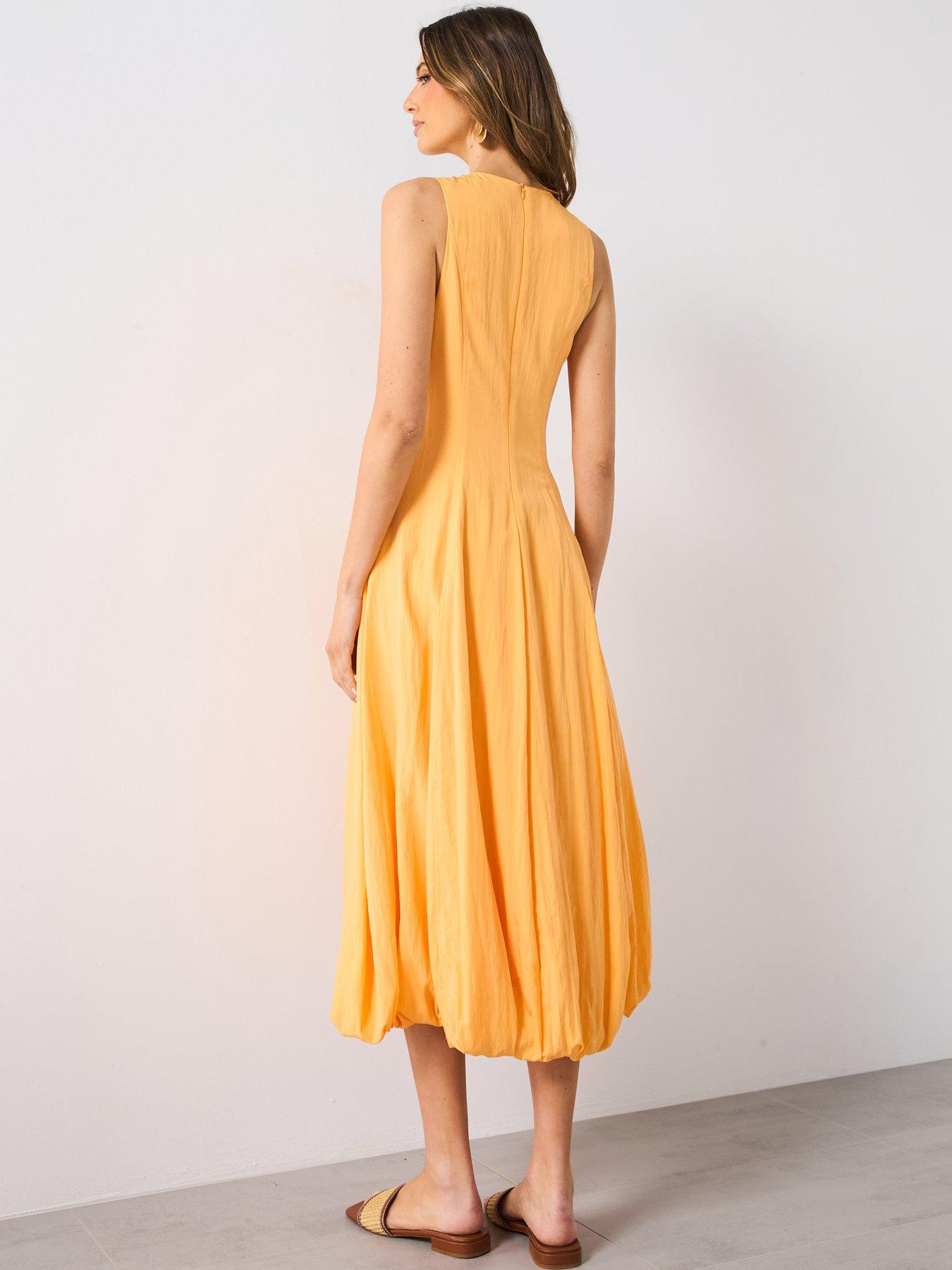 mango-puffed-hem-midi-dress-orangestillFront