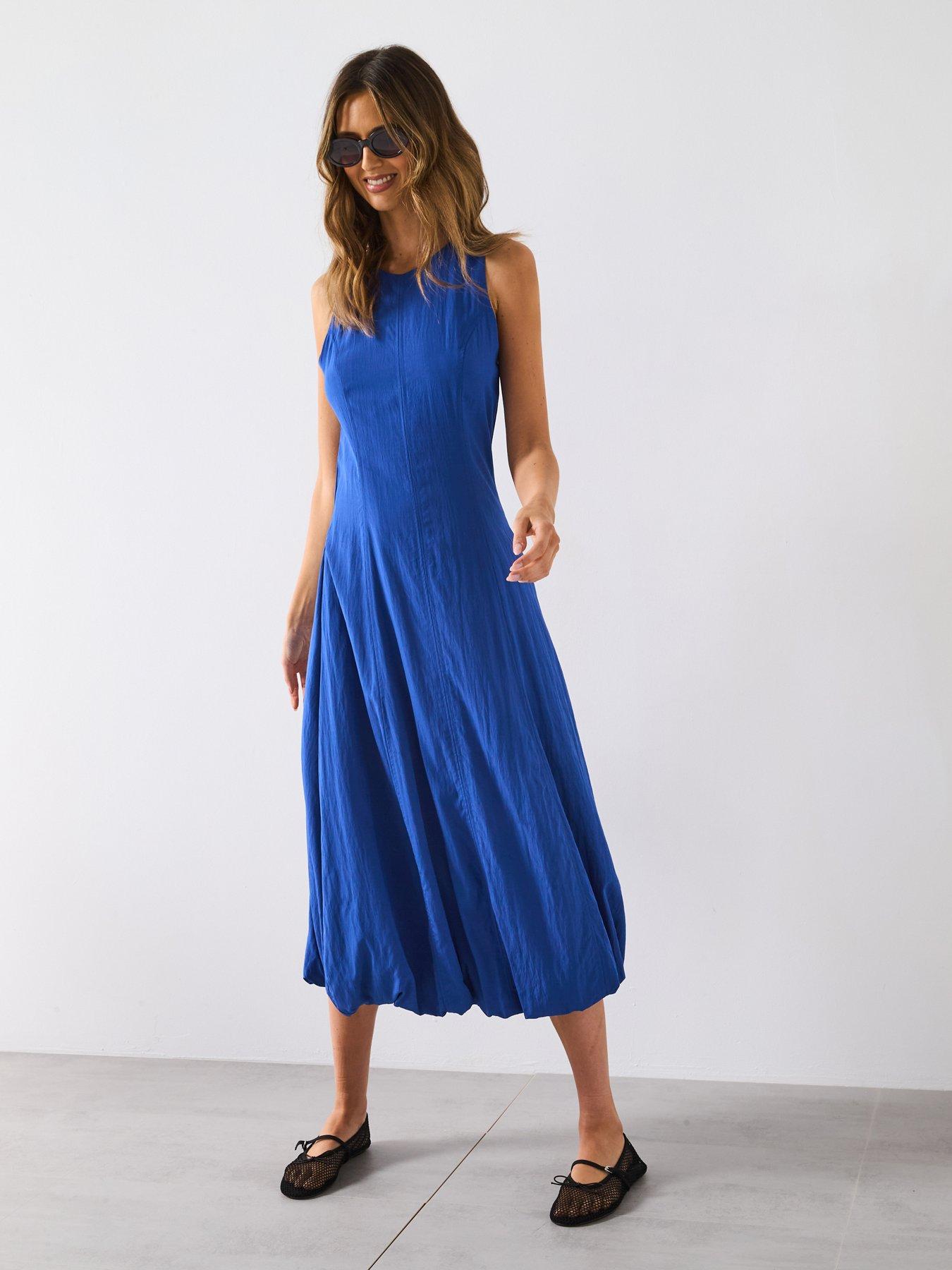 mango-puffed-hem-midi-dress-bluefront