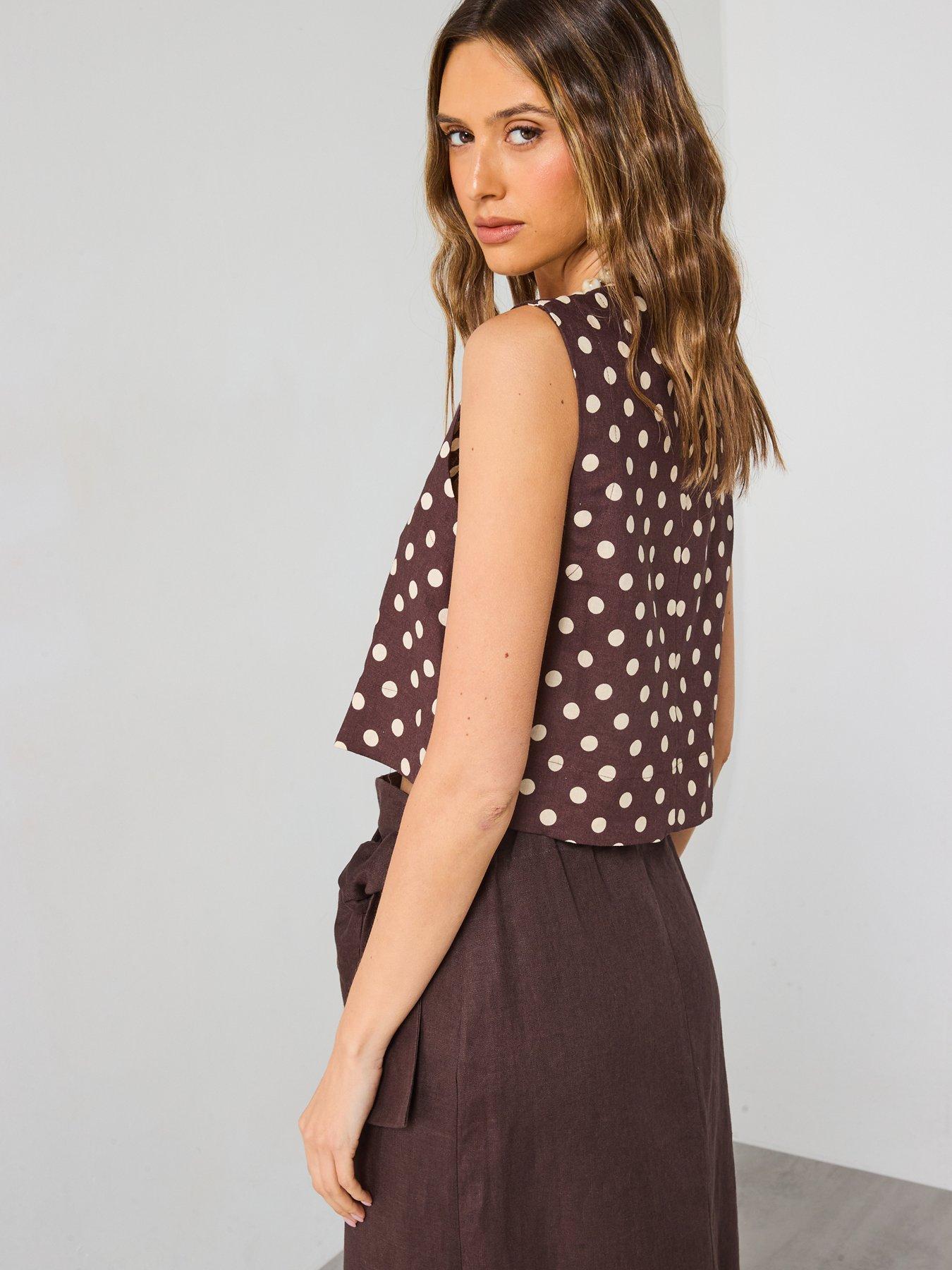 Image 2 of 6 of Mango Polka Dot Linen Crop Top - Brown