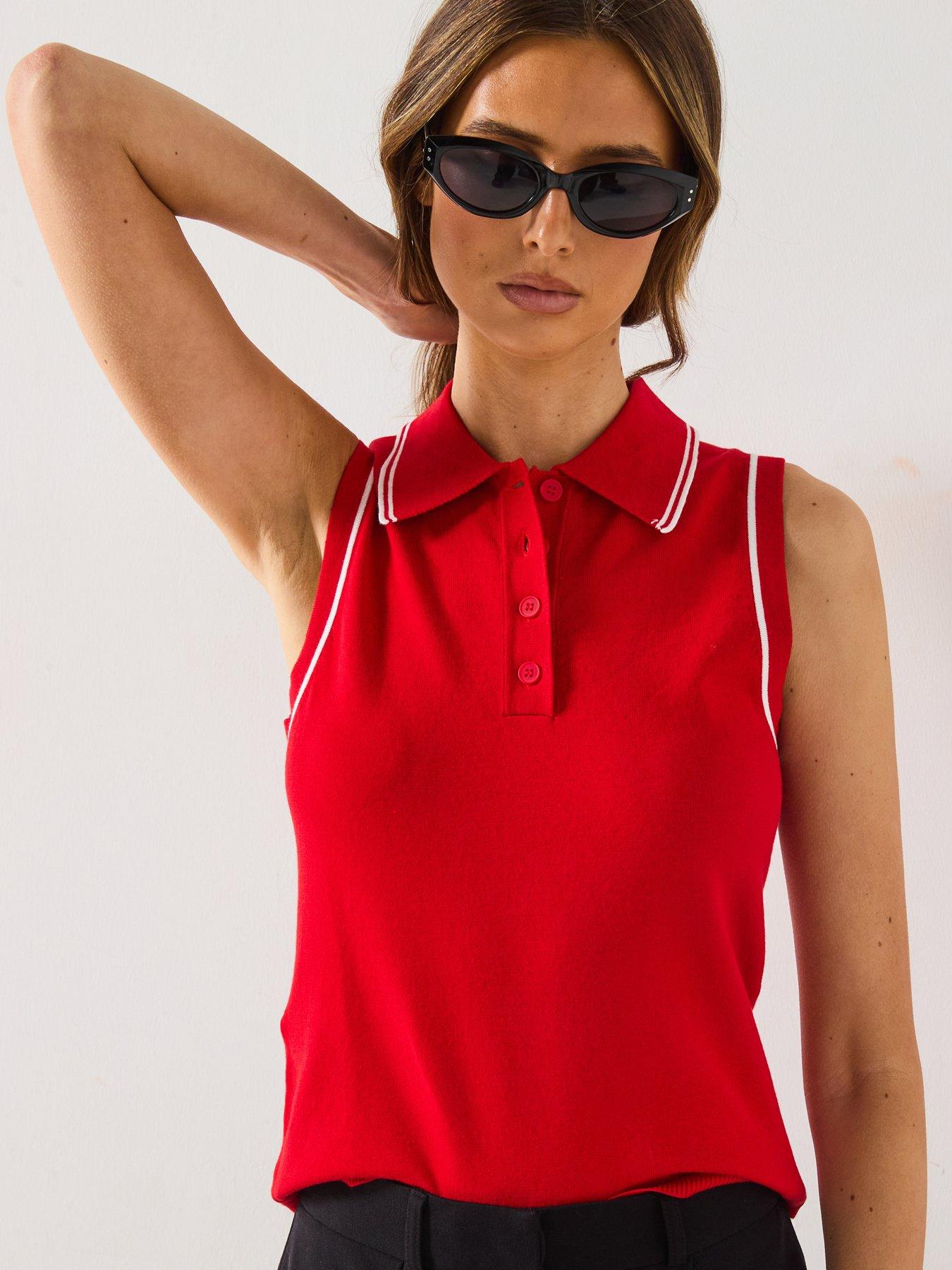 Image of Mango Polo-Neck Knitted Top With Contrasting Trims - Red