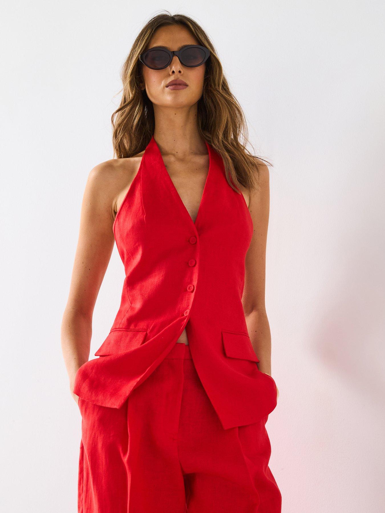 mango-linen-halter-neck-suit-waistcoat-red