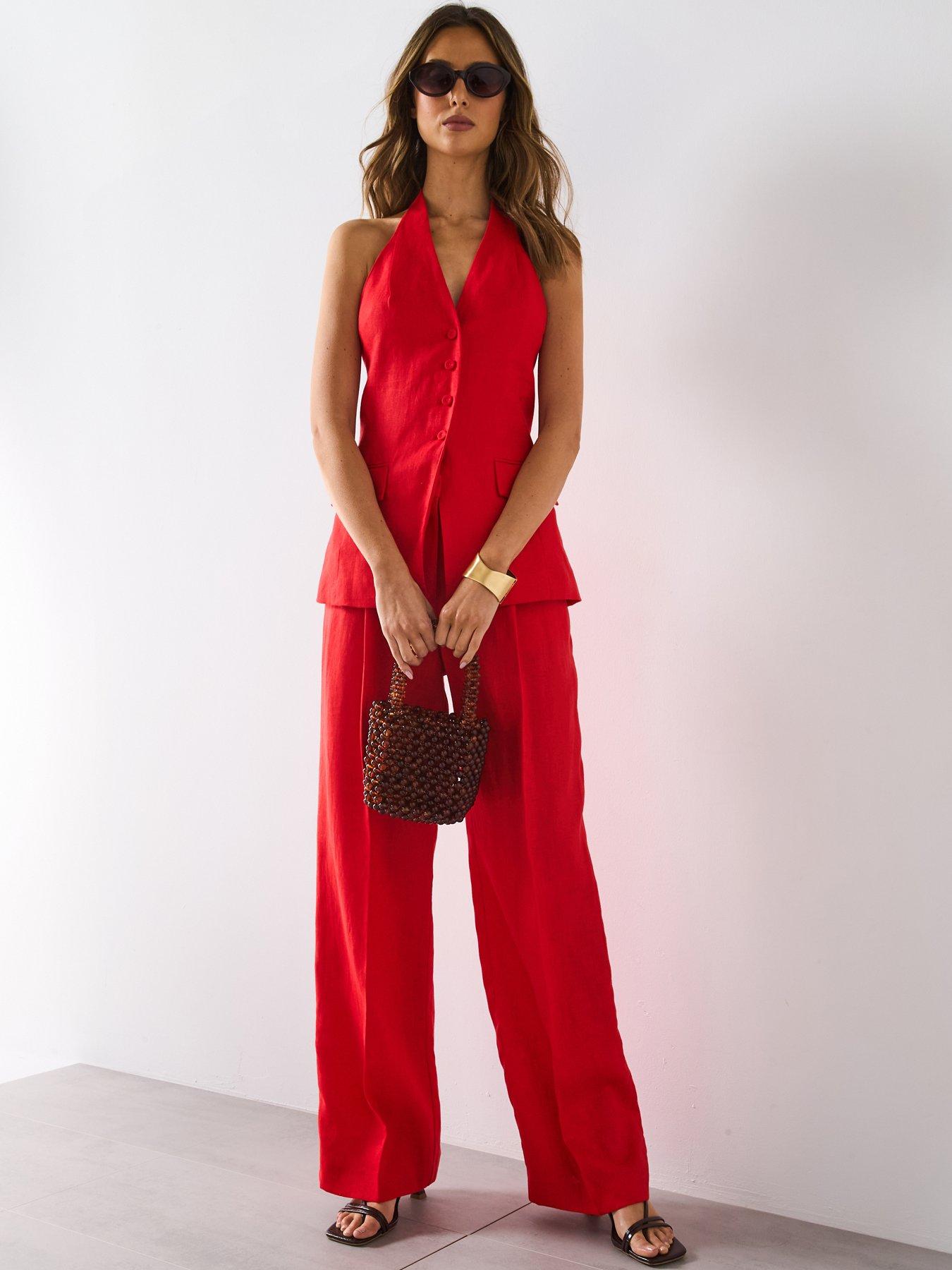 Image 3 of 6 of Mango Linen Halter-Neck Suit Waistcoat - Red