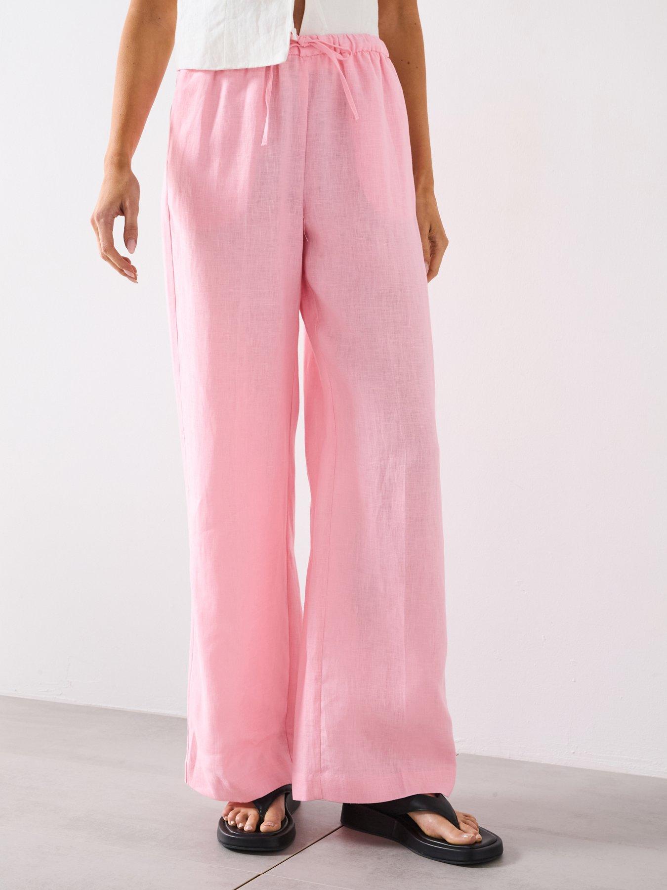 Mango Straight Linen Pants With Bow - Pink