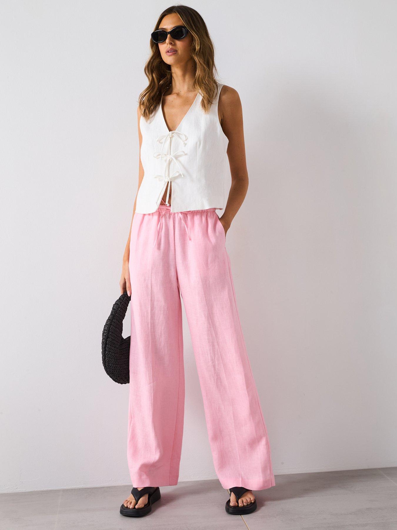 Image 3 of 6 of Mango Straight Linen Pants With Bow - Pink