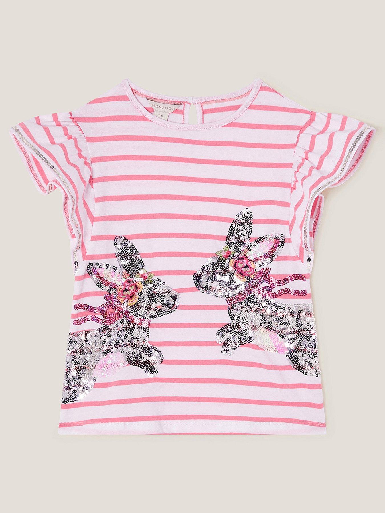 Image 1 of 3 of Monsoon Girls Sequin Bunny Stripe T-Shirt - Light Cream