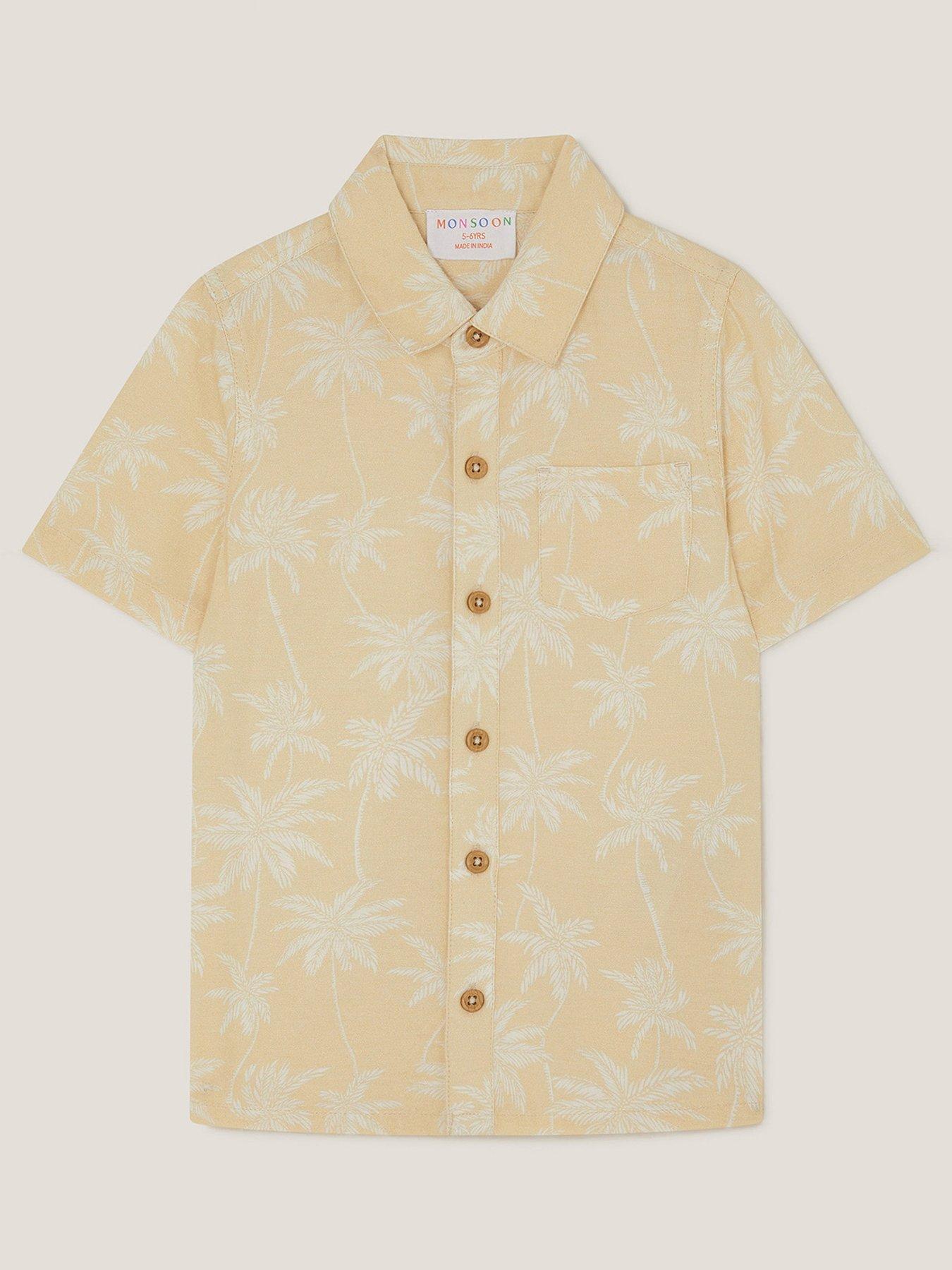 undefined Boys Palm Print Short Sleeve Shirt - Beige