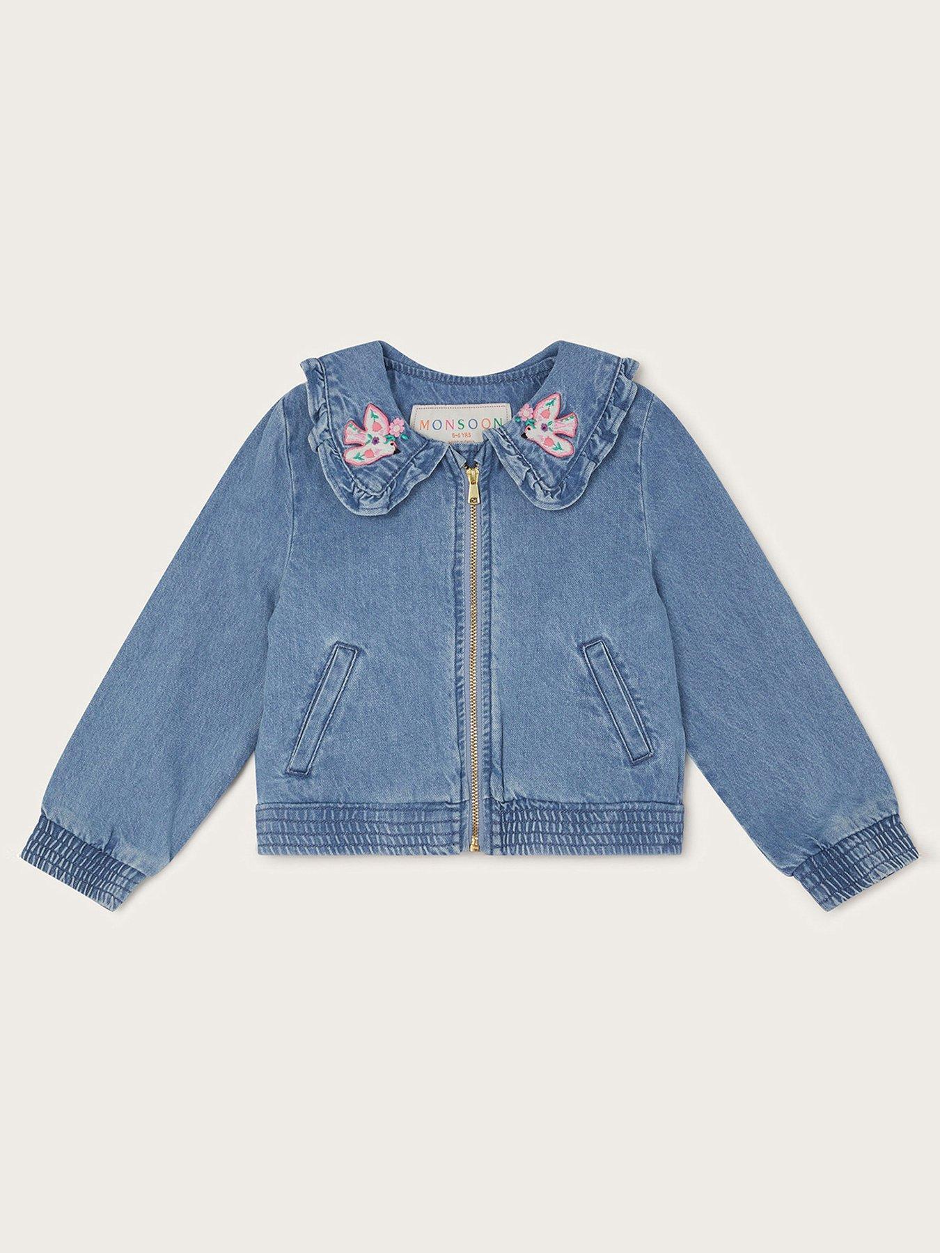 undefined Girls Embroidered Denim Bomber Jacket - Blue