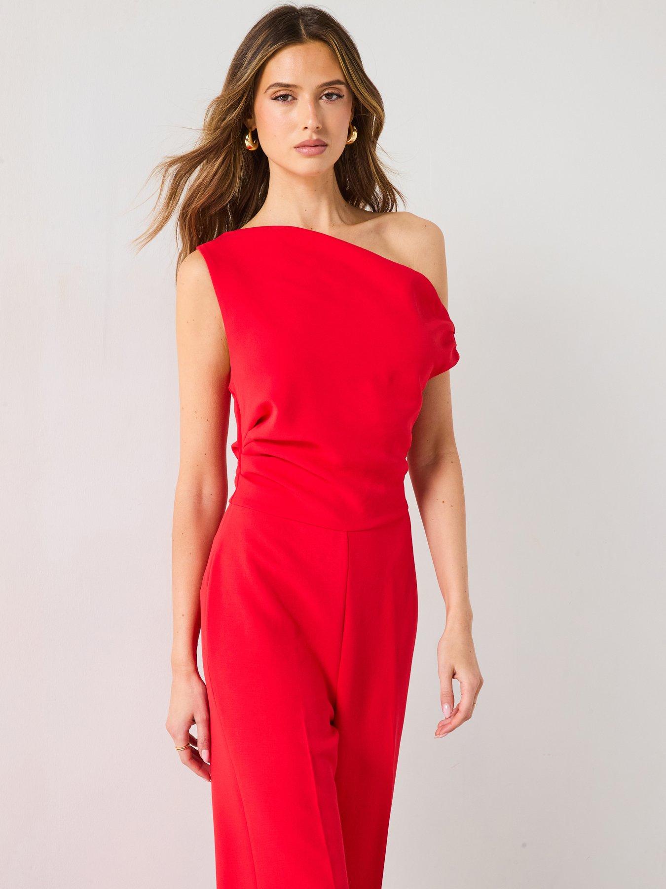 Image 1 of 6 of Mango Long Asymmetrical Draped Jumpsuit - Red