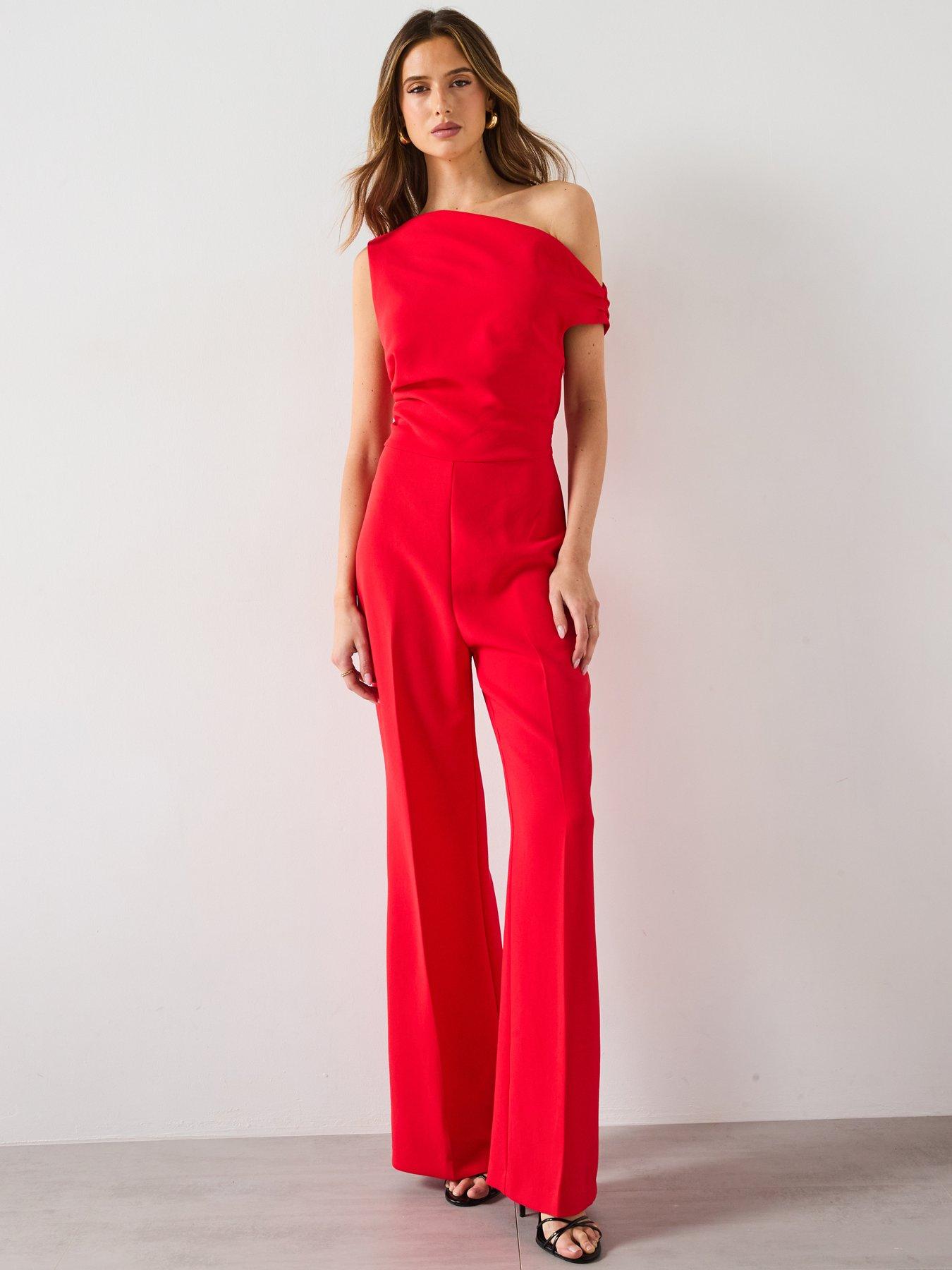 Image 3 of 6 of Mango Long Asymmetrical Draped Jumpsuit - Red