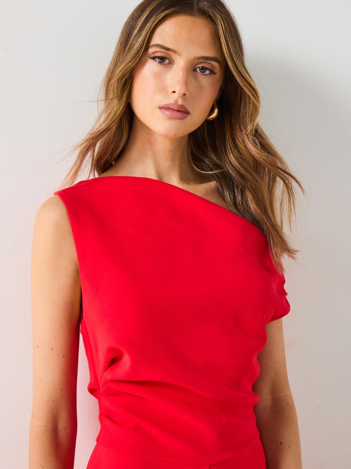 Image 4 of 6 of Mango Long Asymmetrical Draped Jumpsuit - Red