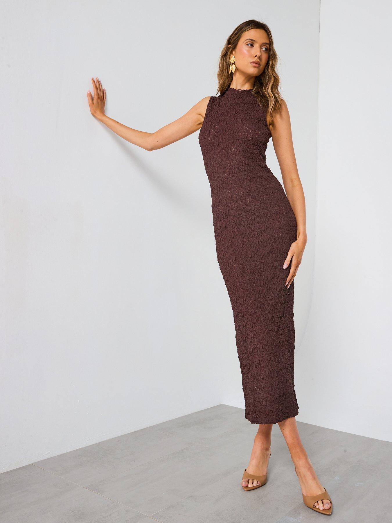 Image 3 of 5 of Mango Perkins Collar Textured Dress - Brown