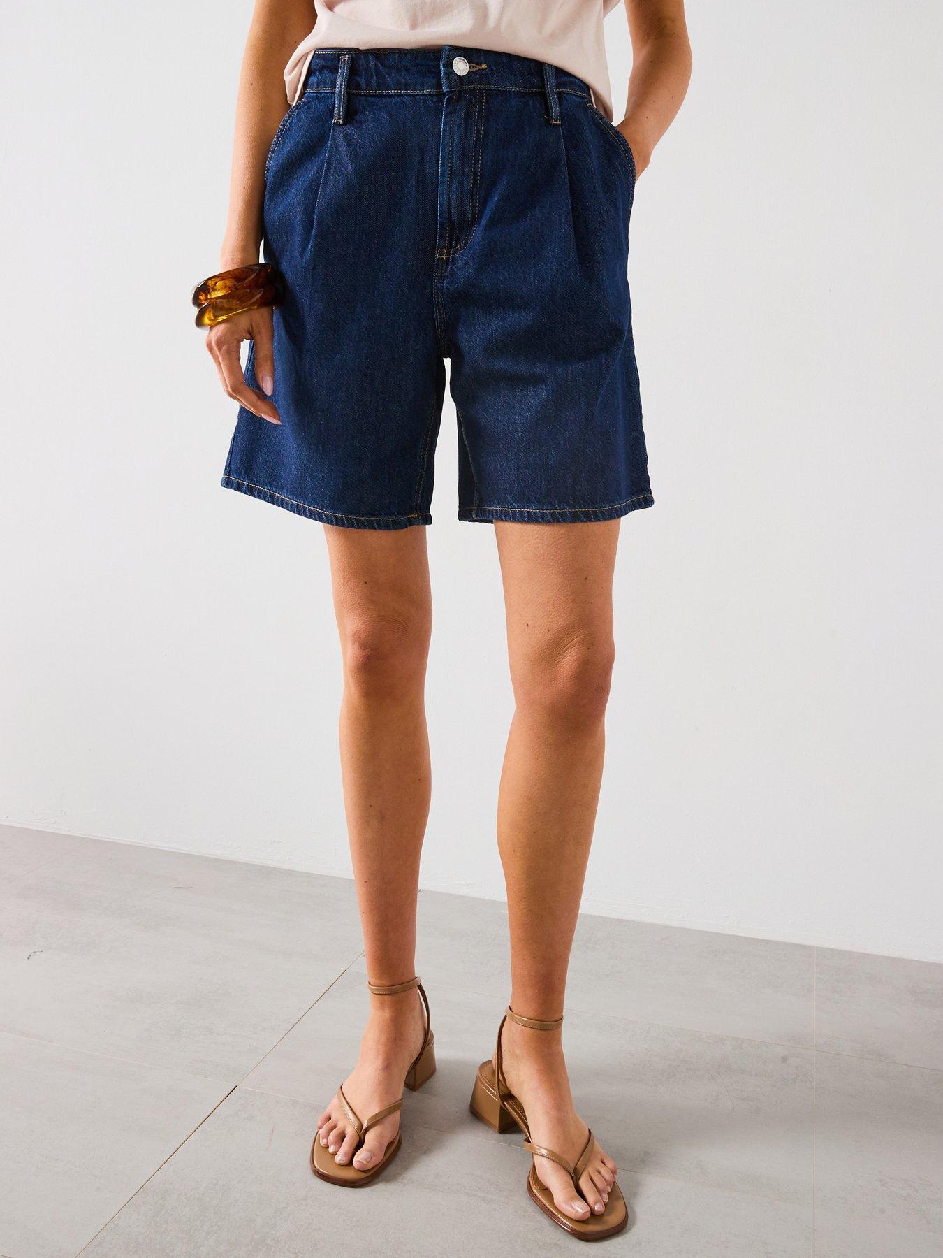 Mango Rinse Wash Pleated Denim Bermuda Shorts - Blue